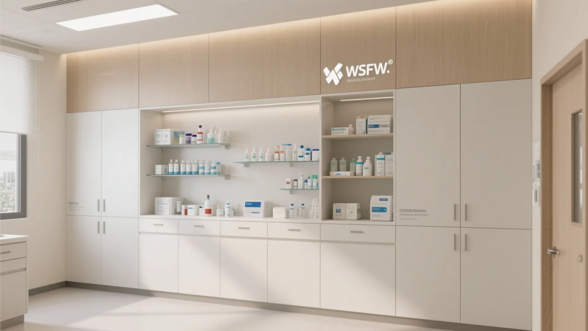 Modern medical clinic storage wall with white cabinets wood panels and glass shelves for medicine