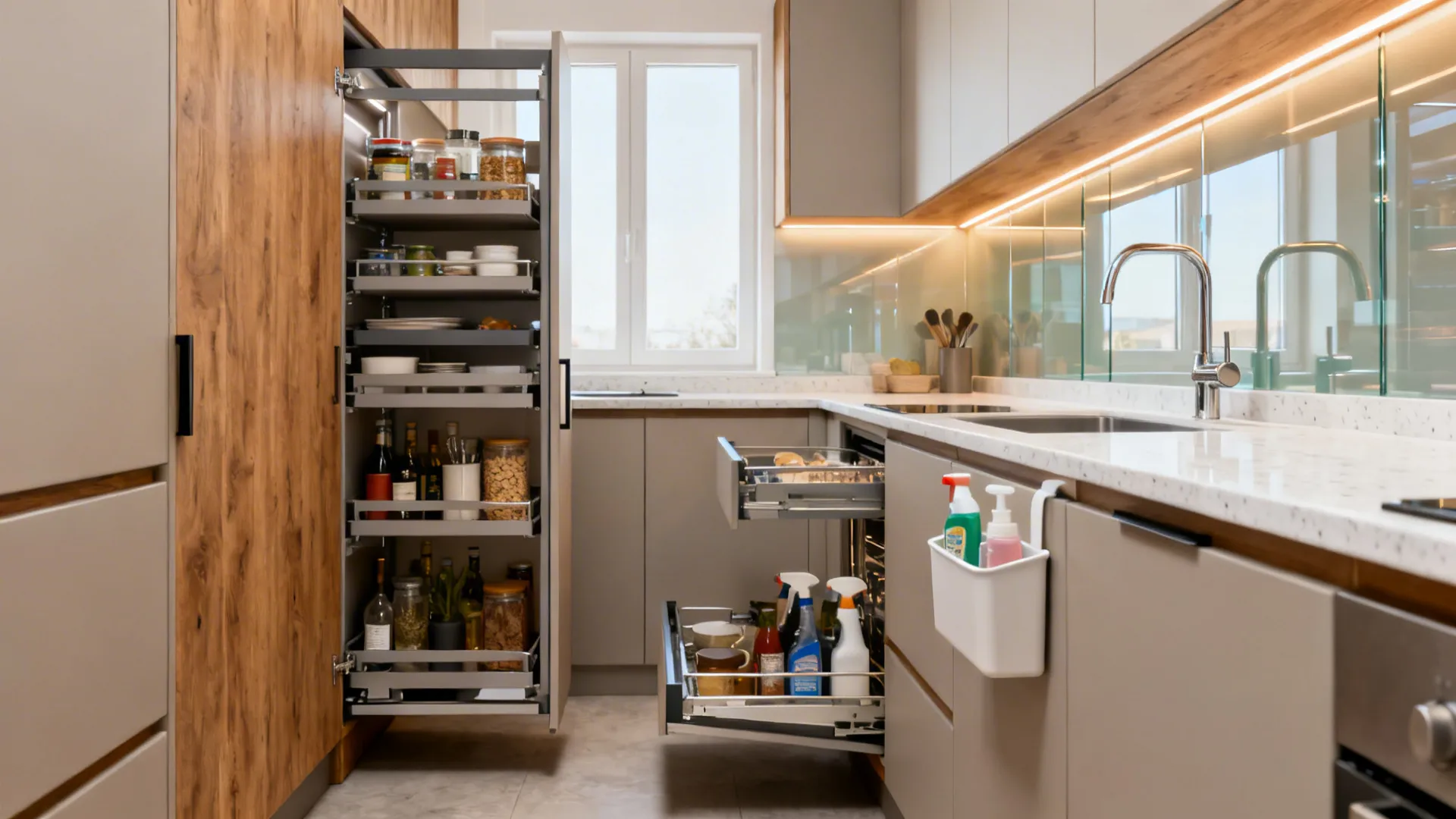 Open tall kitchen cabinet with pull out shelves for food jars and cleaning supply drawers