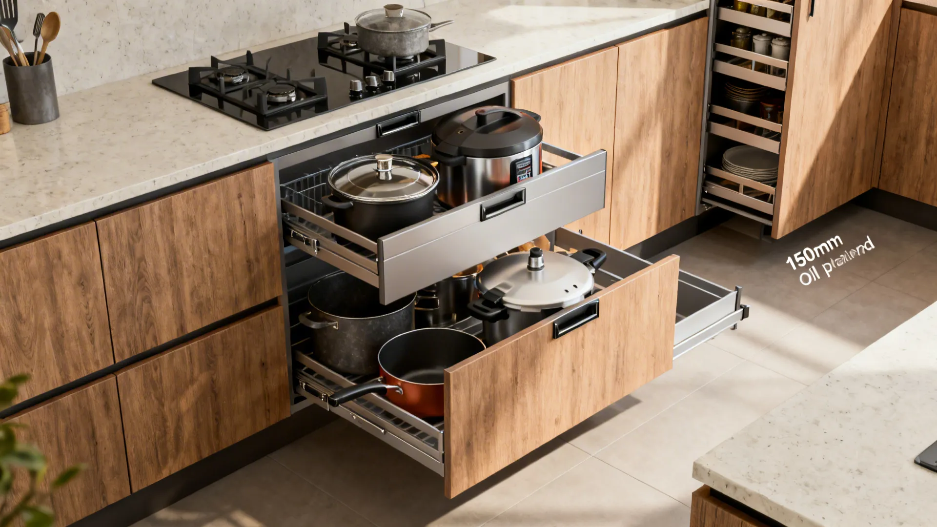Kitchen with deep drawers, a slim oil pull-out, and a tall pantry with internal trays.