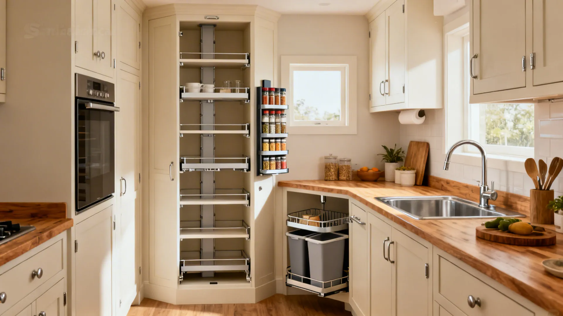 Tall pantry, pull-out spice tower, and under-sink bins in a compact Sri Lankan kitchen.