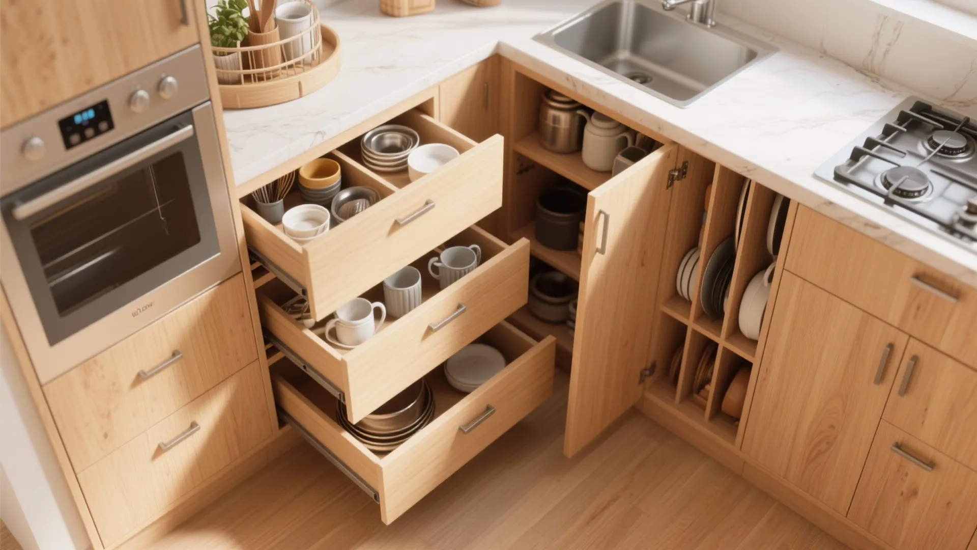 Modern wood kitchen cabinets with open drawers showing organized bowls and plates in a sunny room