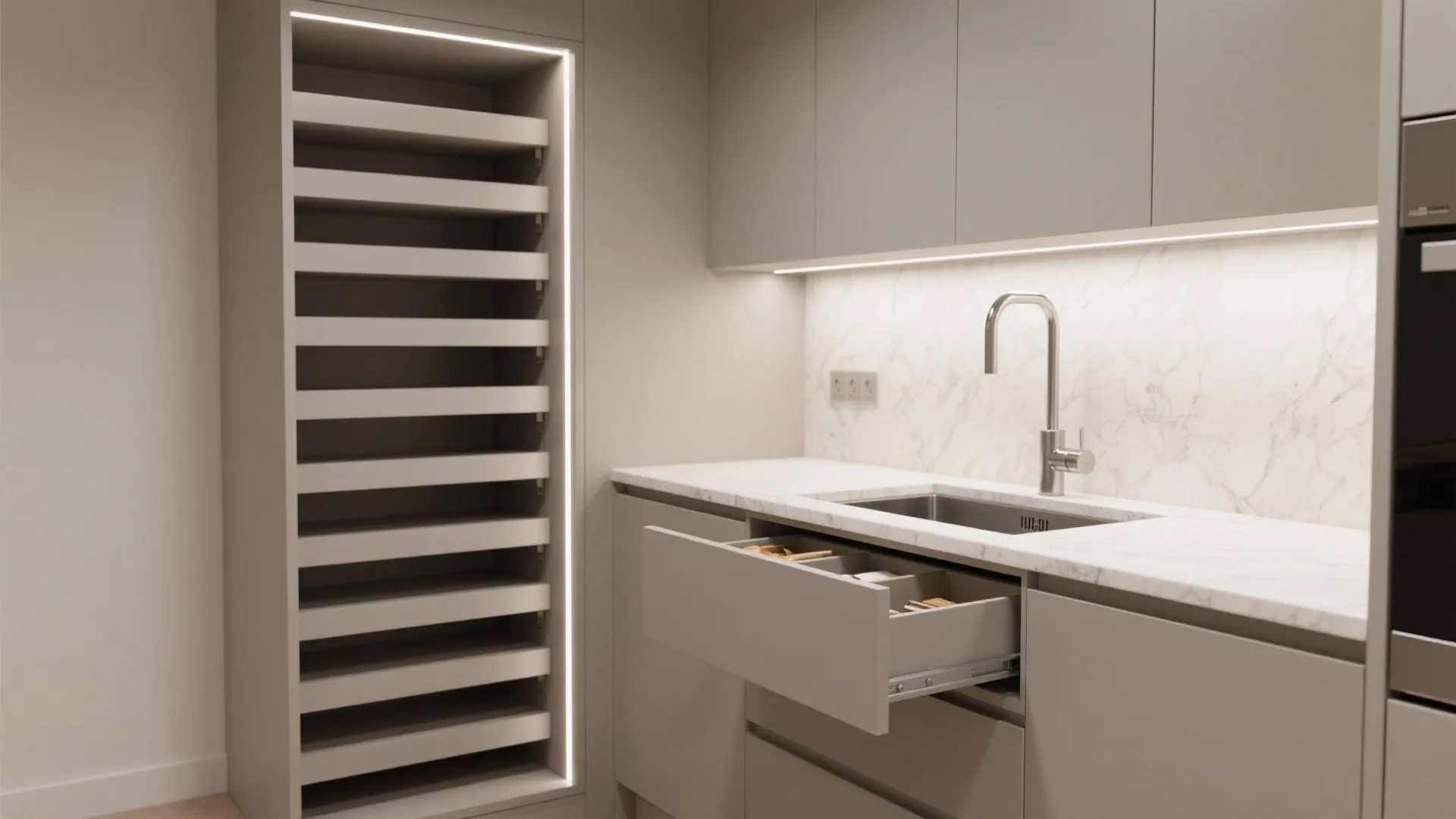 Smart Storage Zones: Tall Pantry + Under-Sink Drawers