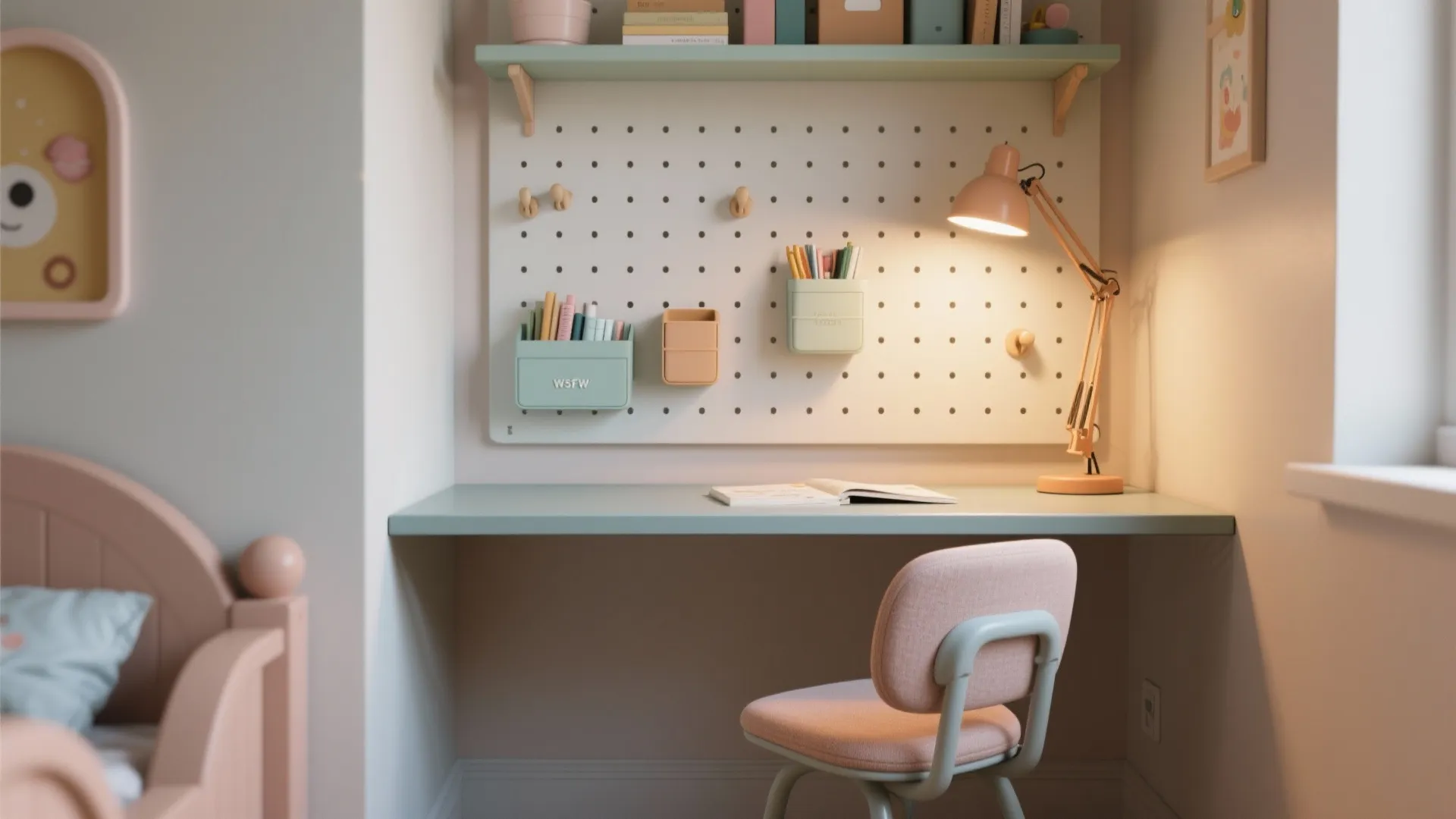 Small study area with light blue desk pegboard wall organizer desk lamp and pink chair