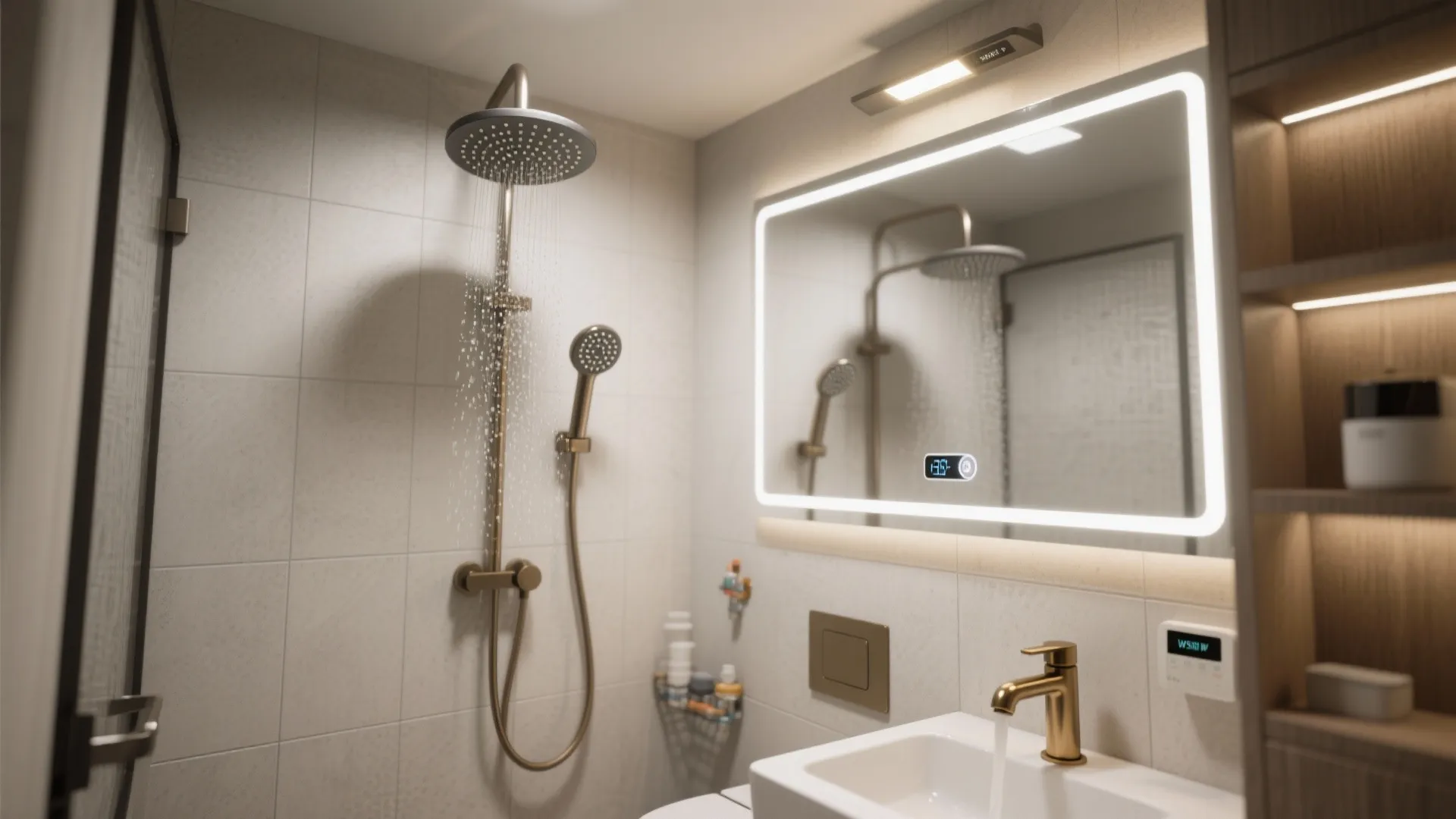 Modern bathroom with gold shower head, white sink, gold faucet, and smart mirror with lighting