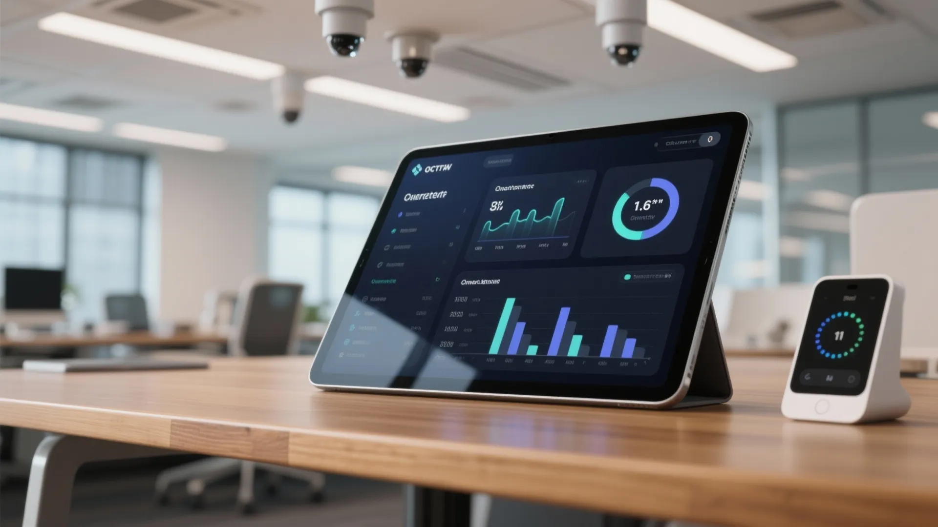 Smart office management screen on a tablet displaying energy usage data on a wooden desk