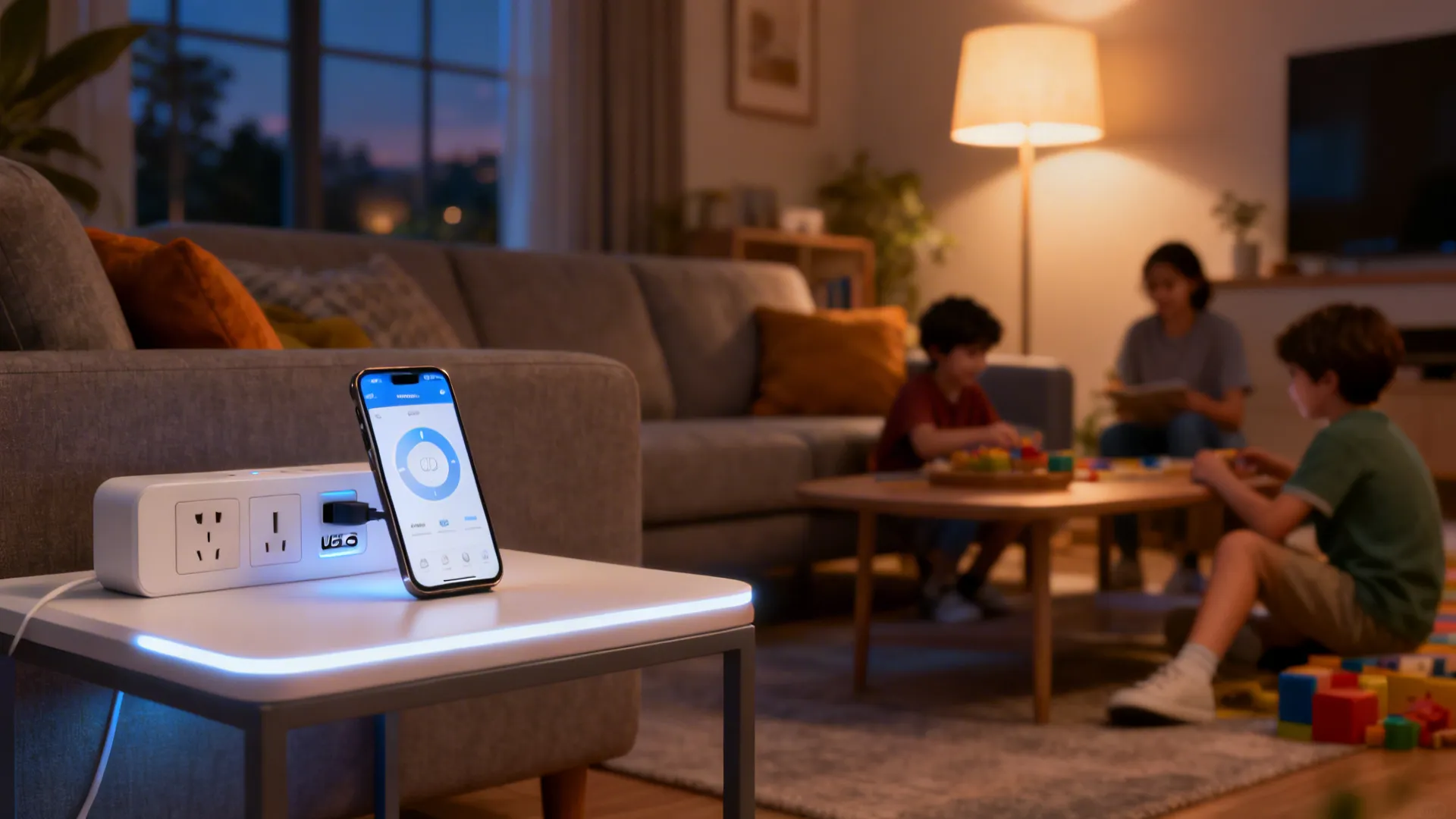 Smart end table with app-controlled outlets, USB-C port, and a gentle nightlight glow