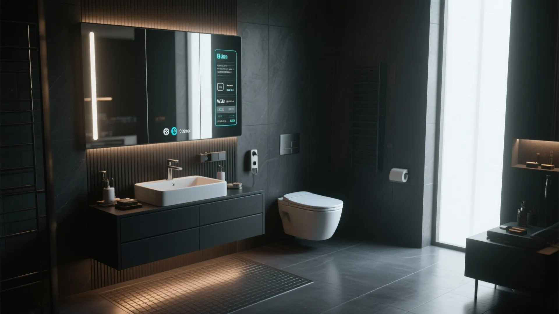 Modern smart bathroom featuring digital mirror display floating toilet black wall panels and minimalist sink cabinet