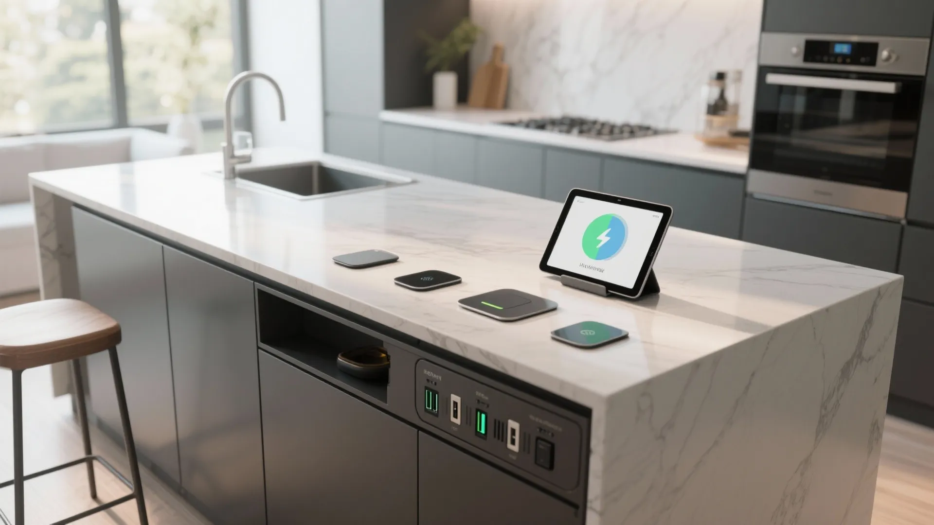 Smart kitchen island with marble top integrated charging ports tablet display and modern grey cabinets