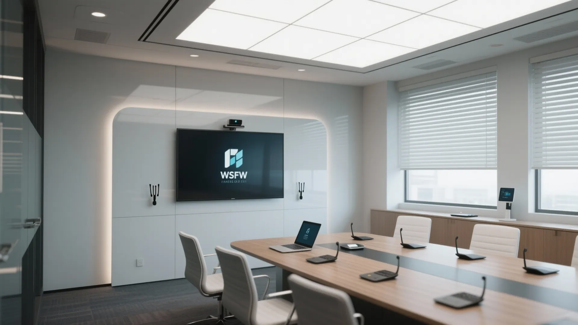 Modern high tech meeting room with large screen white walls wooden table and office chairs