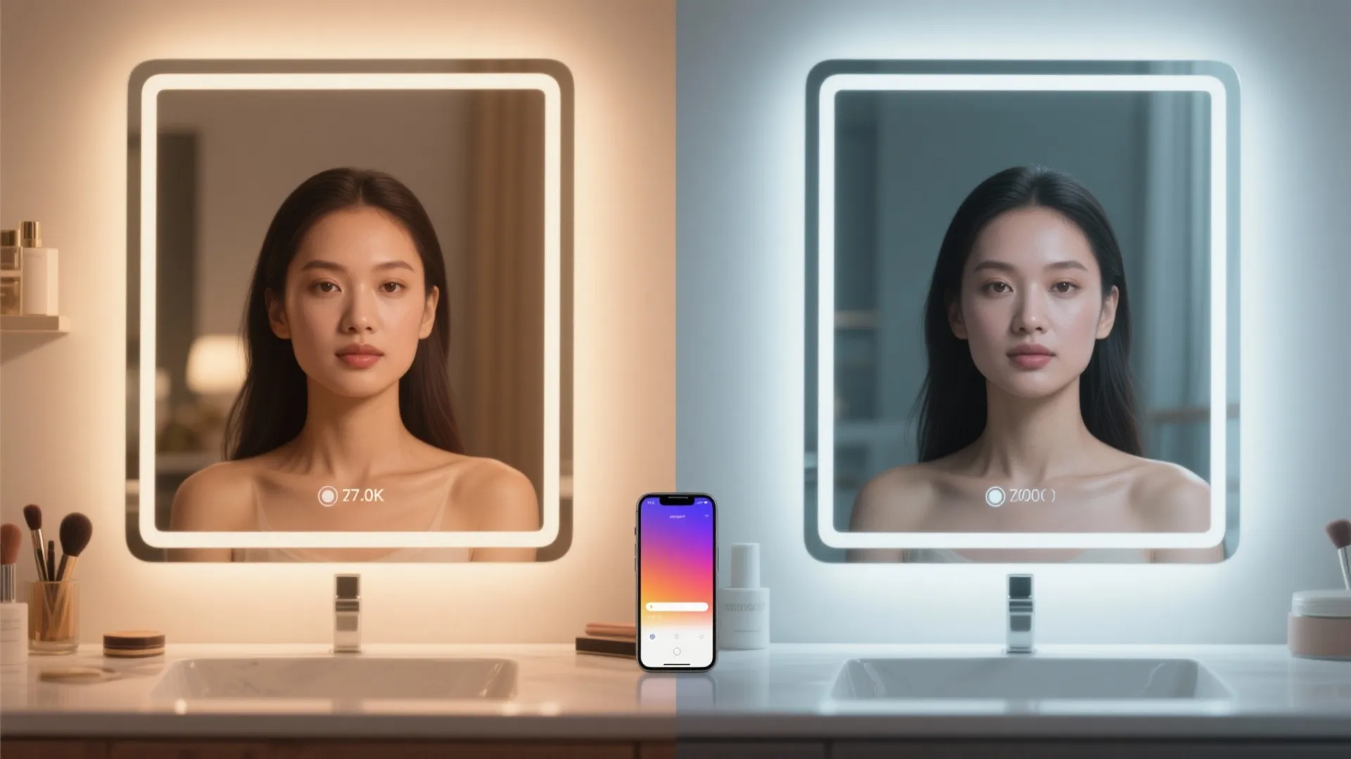 Smart bathroom mirror showing a comparison between warm orange light and cool blue light settings