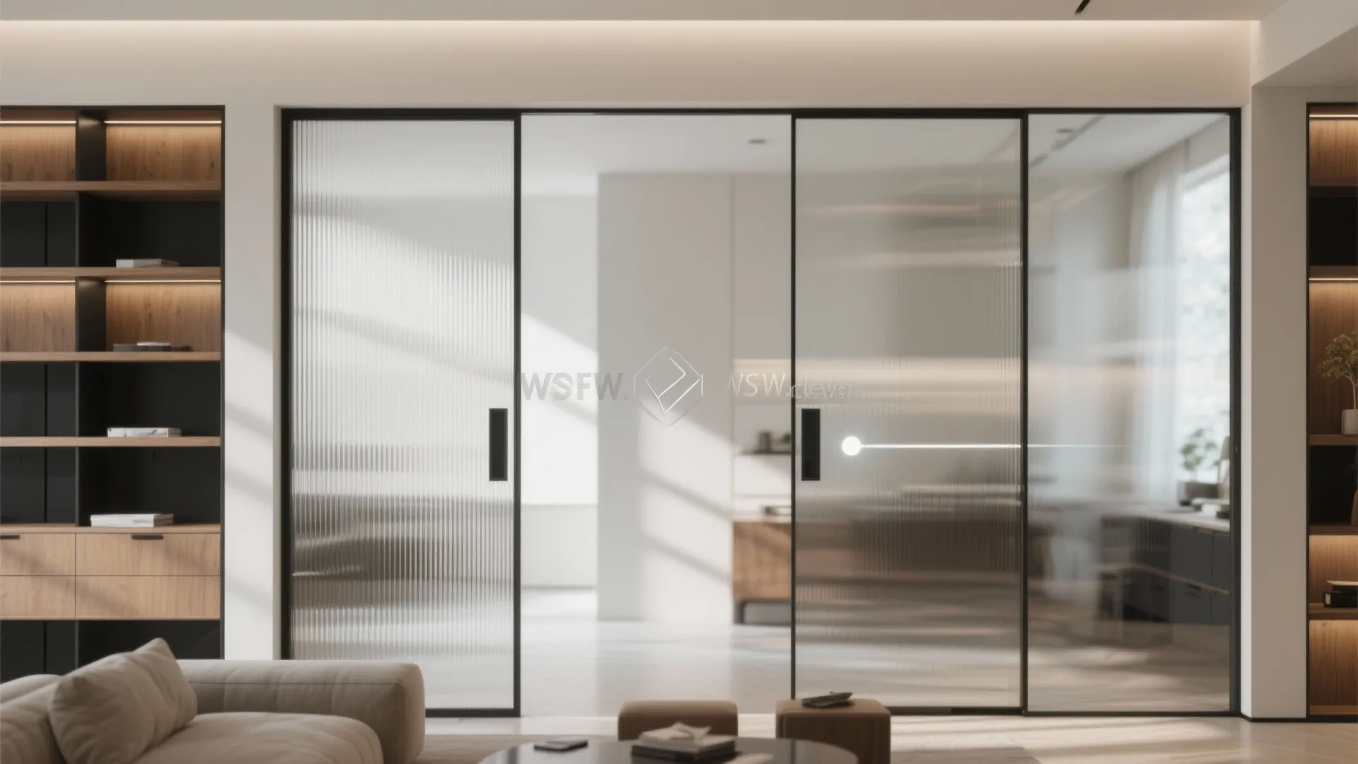 Modern living room with black framed glass sliding doors wooden wall shelves and a grey sofa