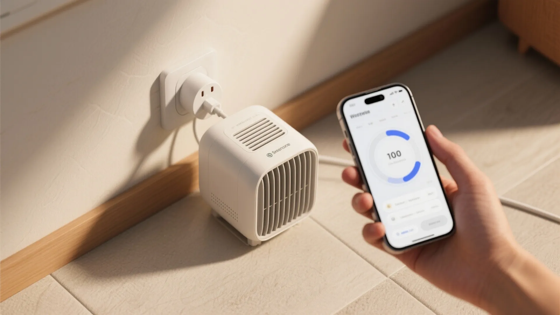 White smart heater plugged into wall outlet being controlled by mobile phone app in a room