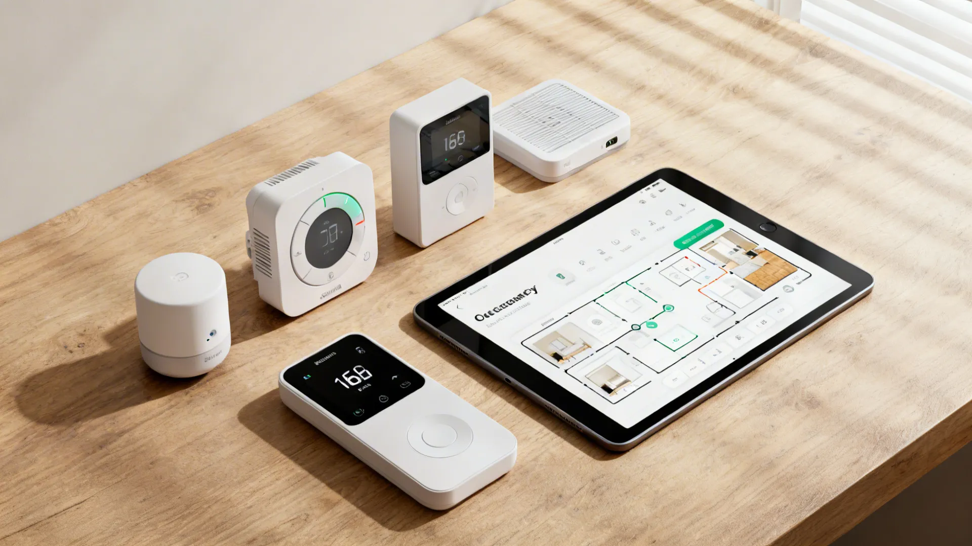 Flatlay of zoned smart thermostats, occupancy sensors, and a tablet showing room zoning app for a large living room