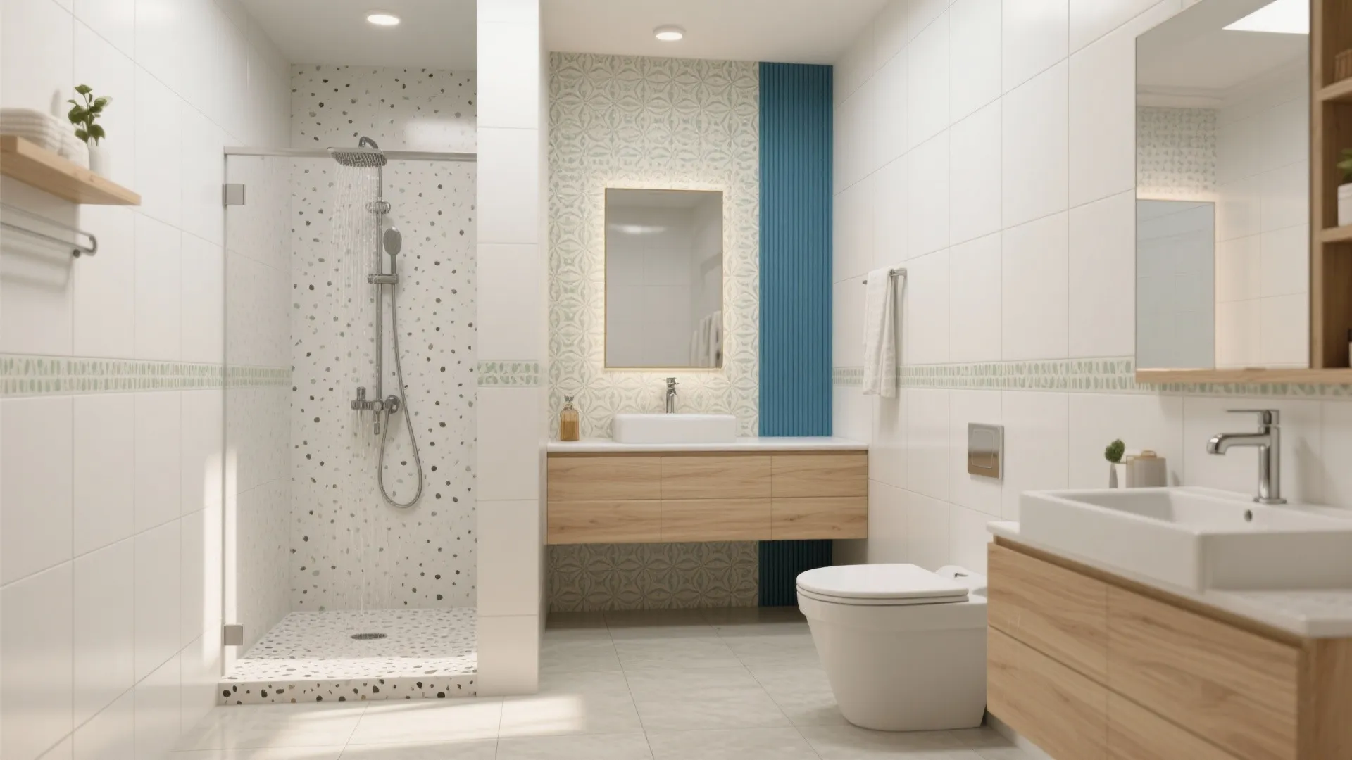 Modern bathroom with walk-in shower, wooden cabinet, white toilet, patterned wall tiles, and bright lighting