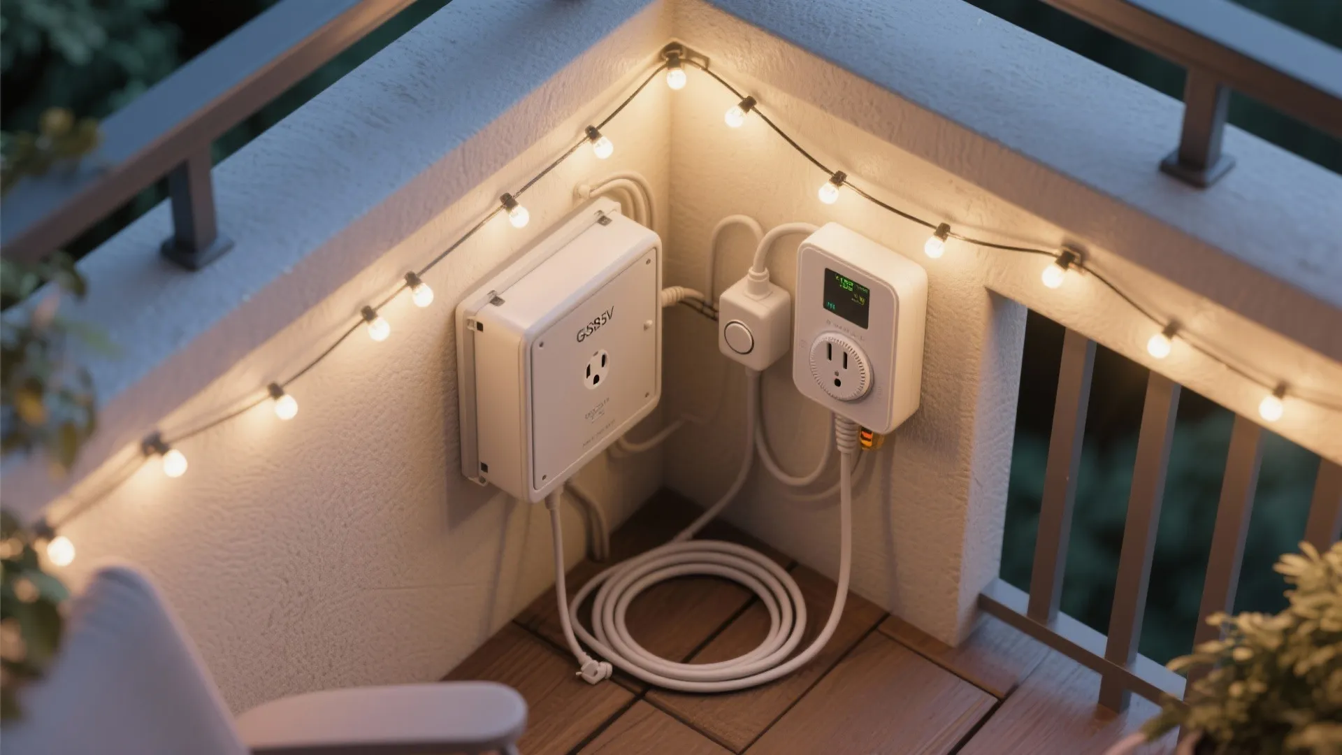 Balcony corner with electrical boxes and power outlets for warm string lights on white outdoor
