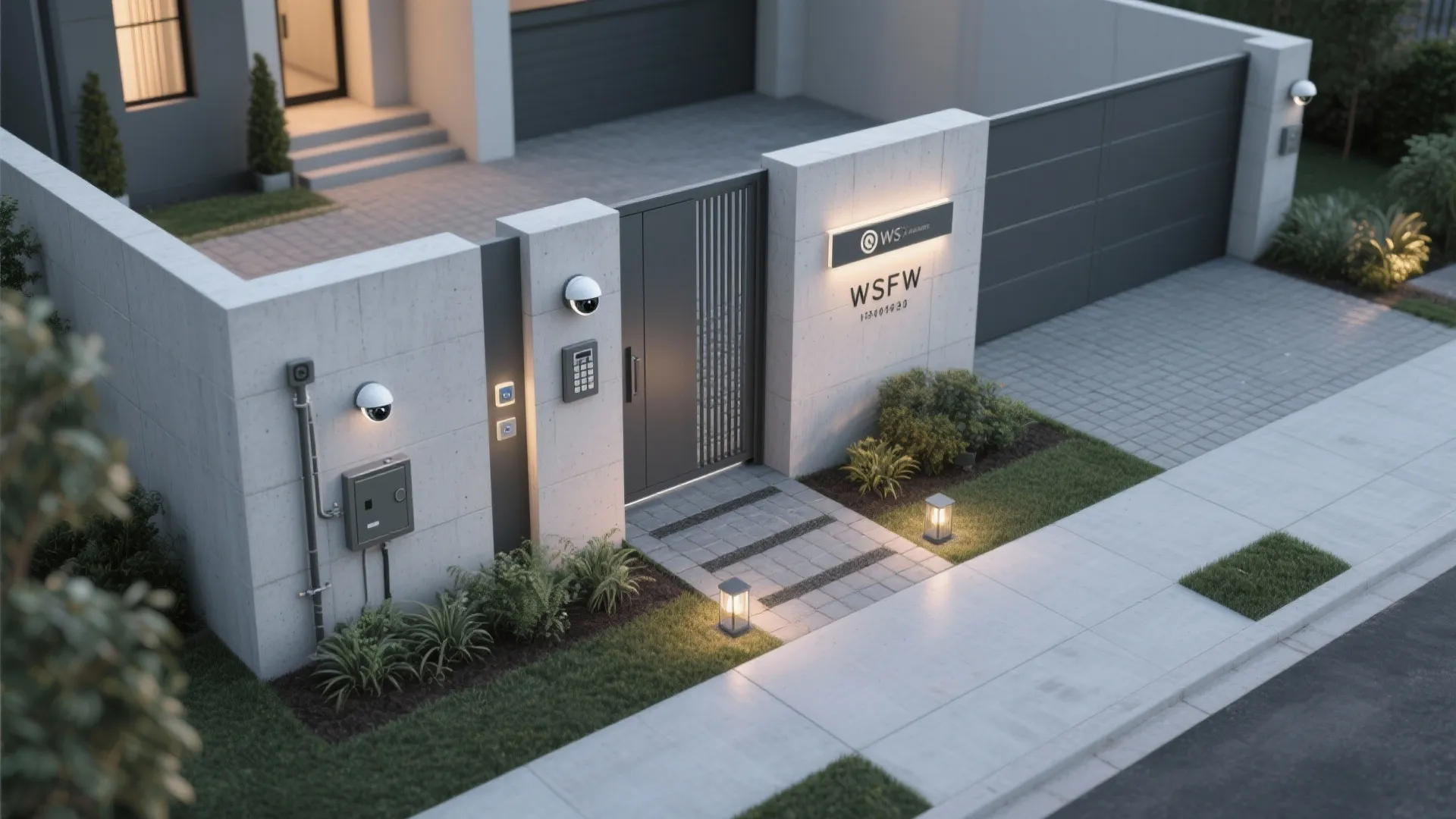 Modern house entrance with concrete wall black gate security cameras outdoor floor lights and green plants