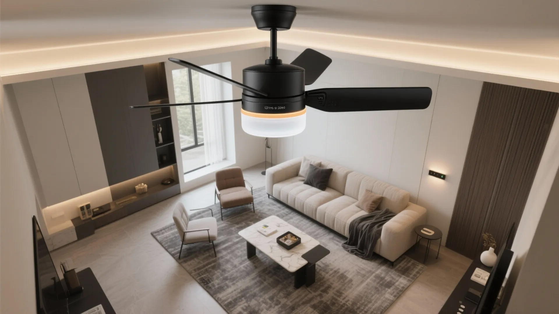 Modern living room with a black ceiling fan light, beige sofa, and grey area rug