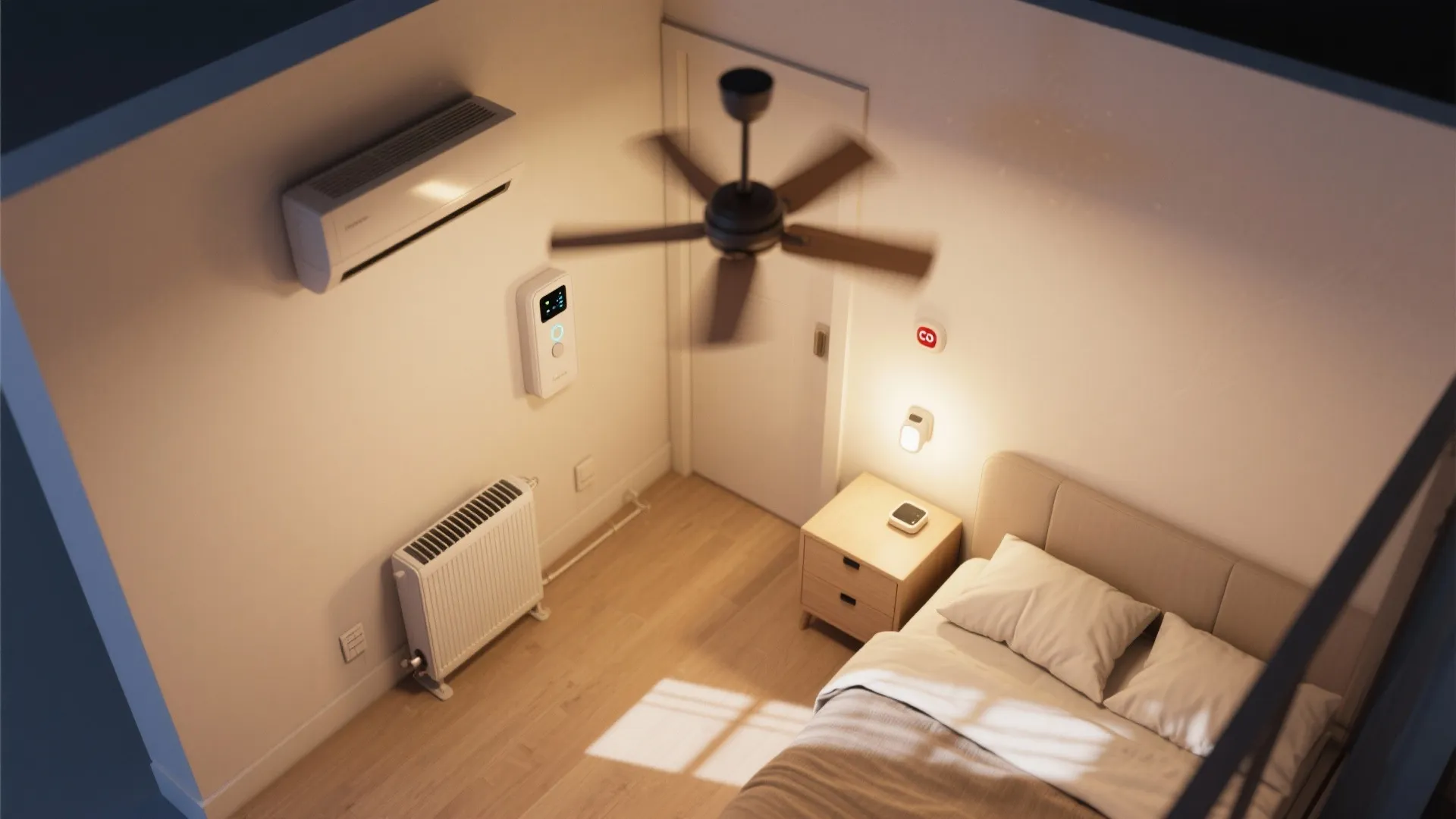 Top down view of a bedroom with bed ceiling fan air conditioner and a heater