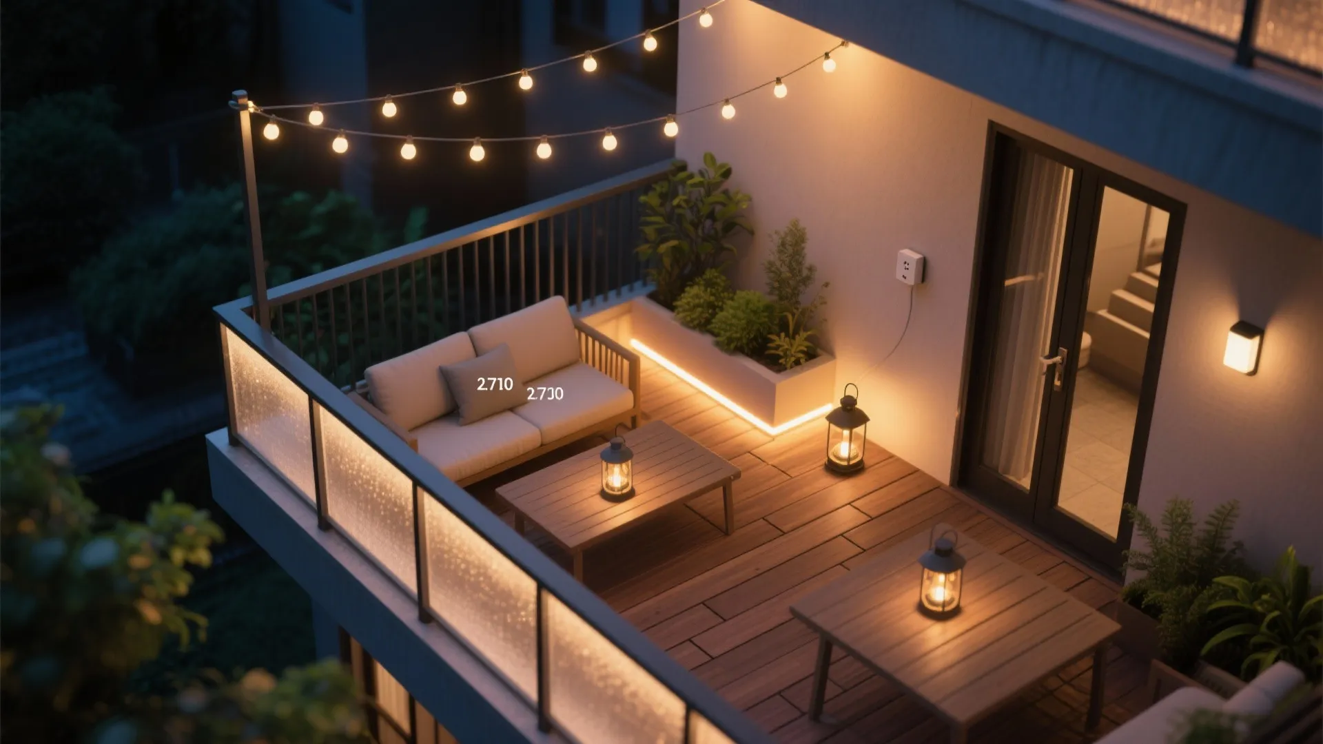 Top-down balcony view showing dimmed string lights, under-rail path glow, lantern, and a small plant uplight.