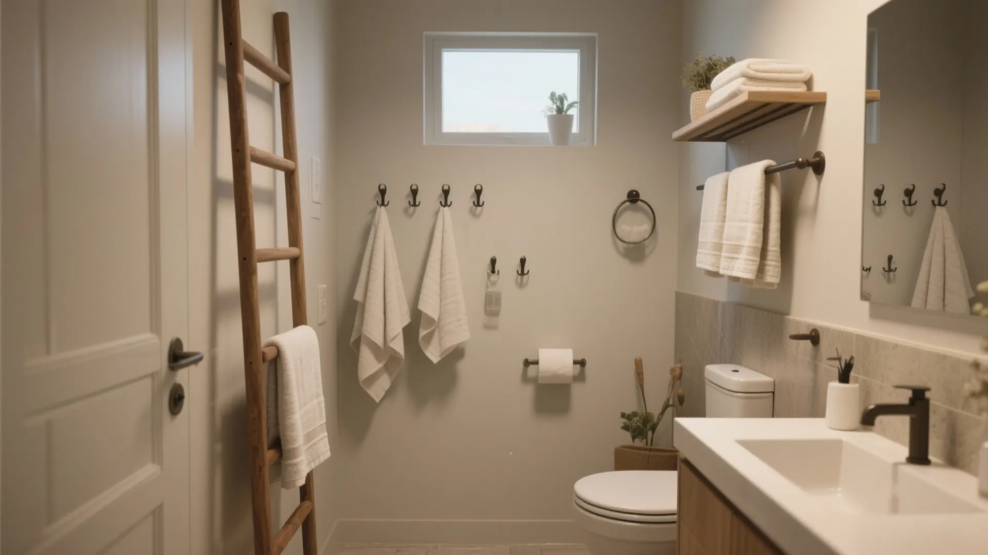 Neutral bathroom with wooden ladder towel rack white toilet small window and clean sink area