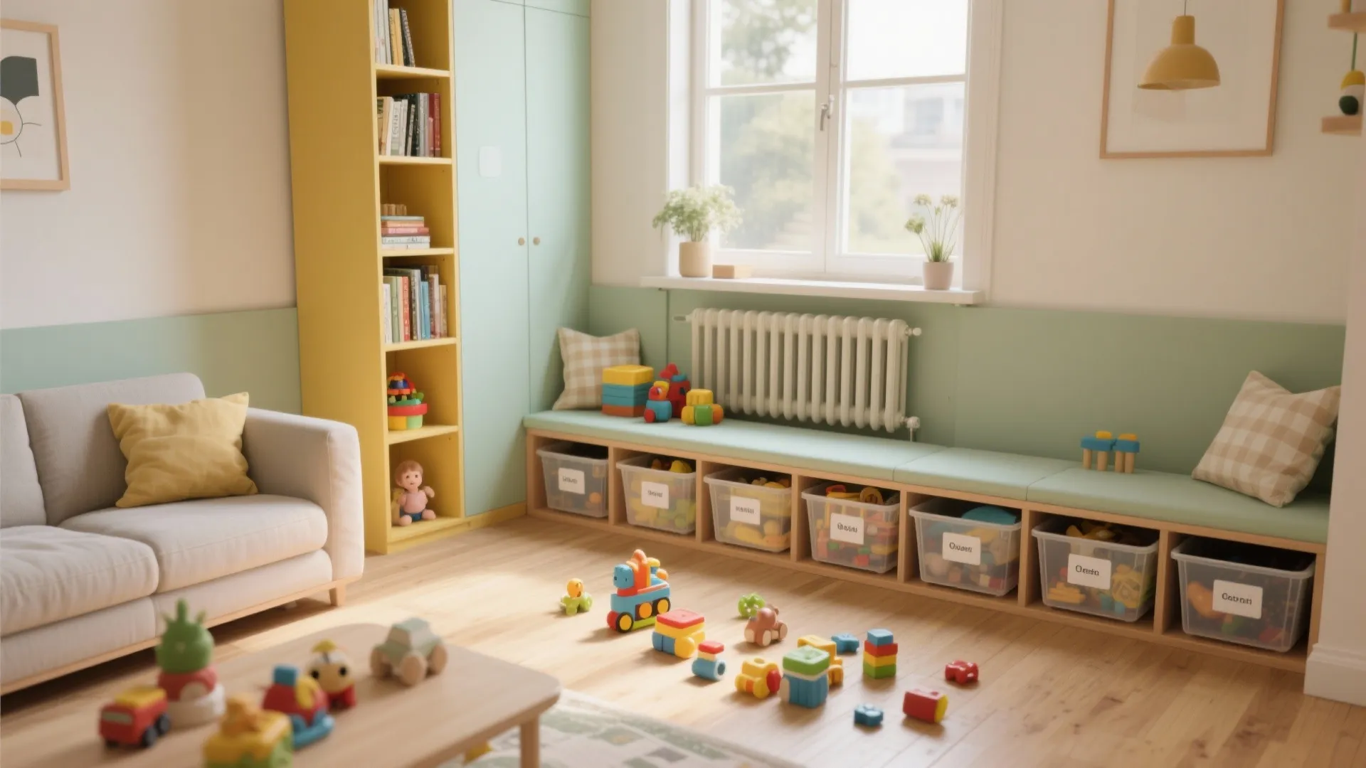 Kids playroom featuring low wooden storage bench with plastic bins and colorful toys on floor