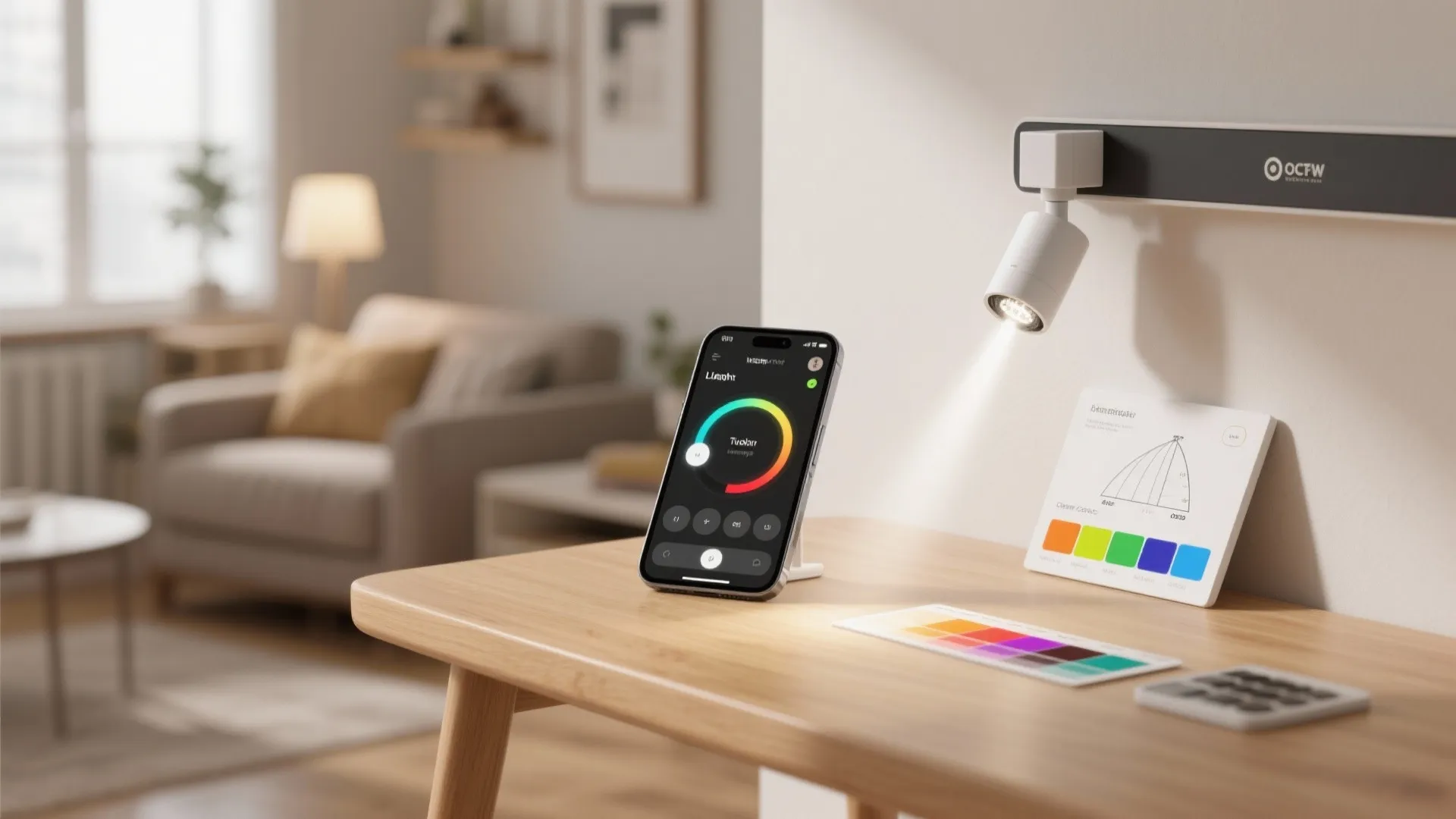 Smartphone app controlling a smart wall light on a wooden table in a living room