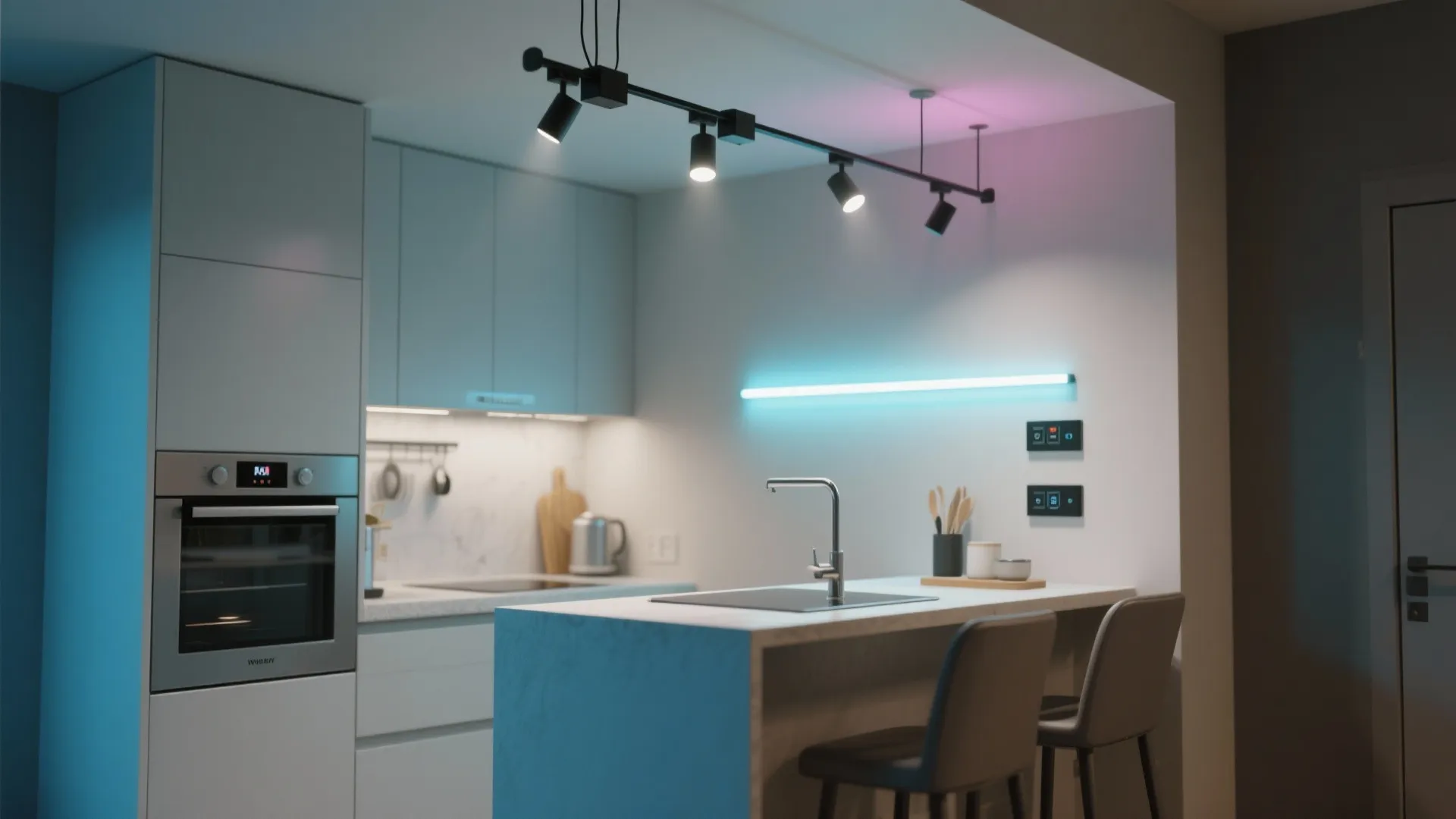 Modern kitchen with black track ceiling light colorful wall light grey chairs and white island