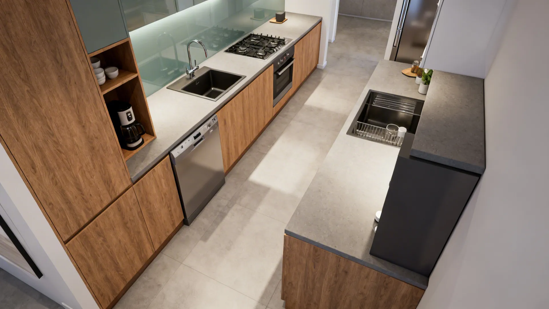 Modern kitchen with wood cabinets grey stone countertop sink gas stove dishwasher and coffee maker