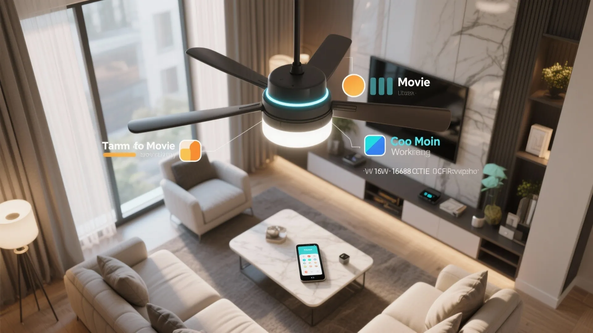 Smart ceiling fan with tunable white light in a modern condo with device controls on a coffee table