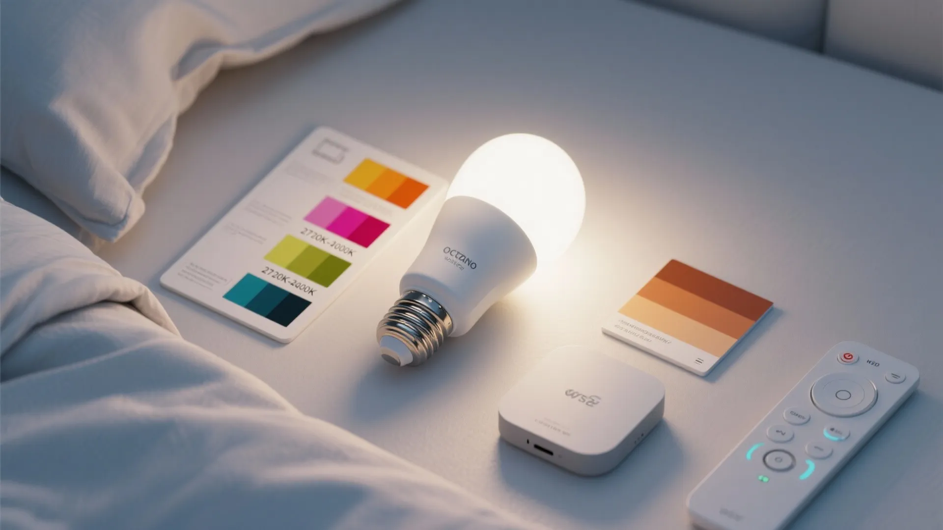 Glowing smart light bulb surrounded by color cards and a remote on white bed sheets