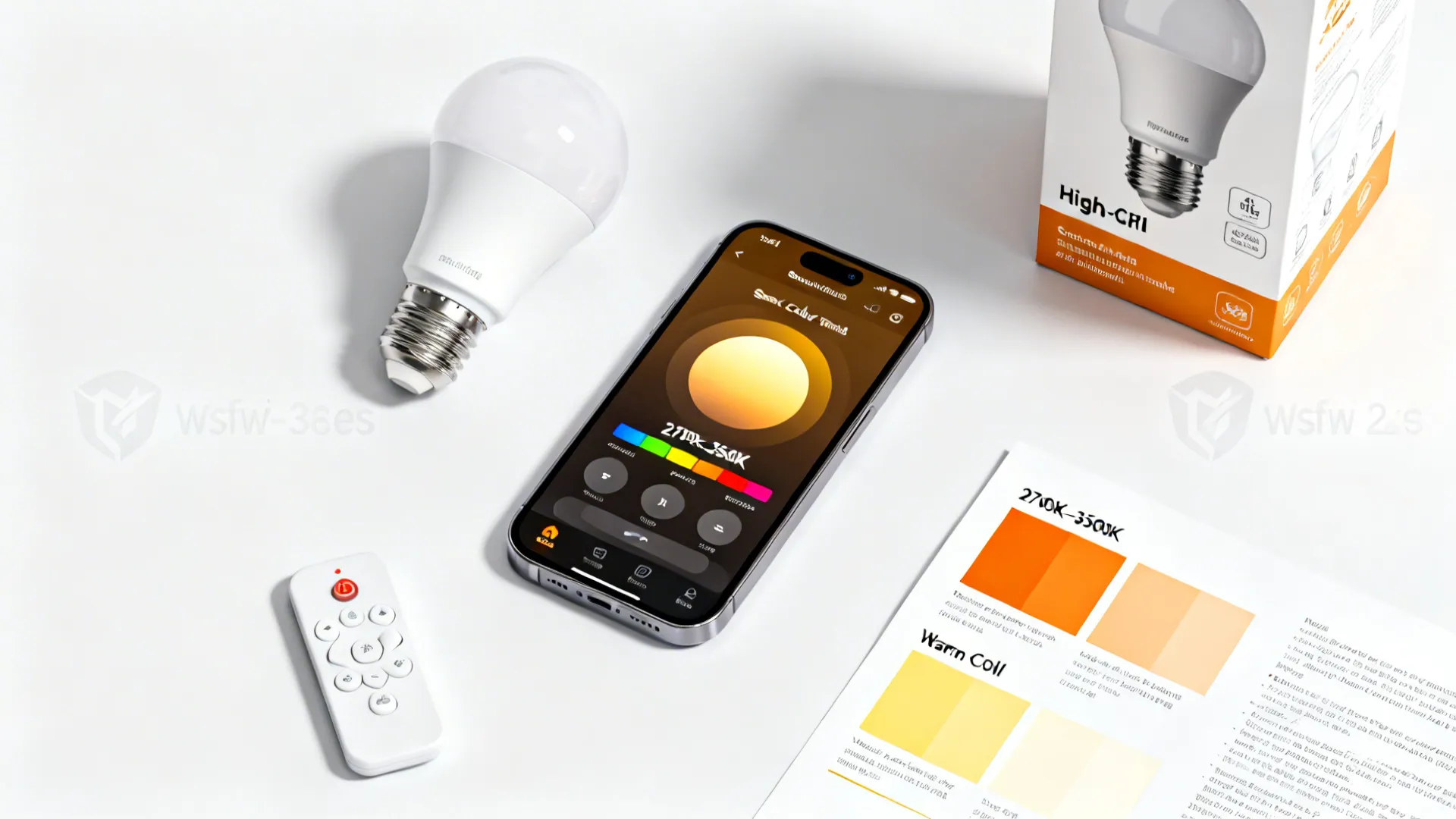 Flatlay of smart color-tunable bulbs, smartphone with presets and color temperature swatches.