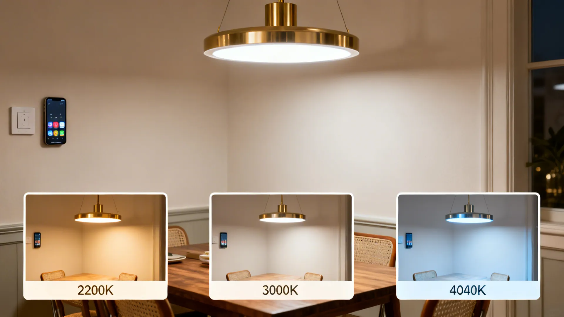Modern dining nook with tunable LED chandelier shown at 2200K, 3000K, and 4000K.