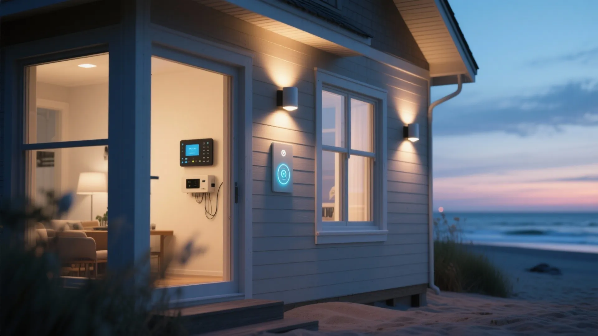 Beachfront cottage exterior with smart up-down lights showing automated scene lighting at dusk.