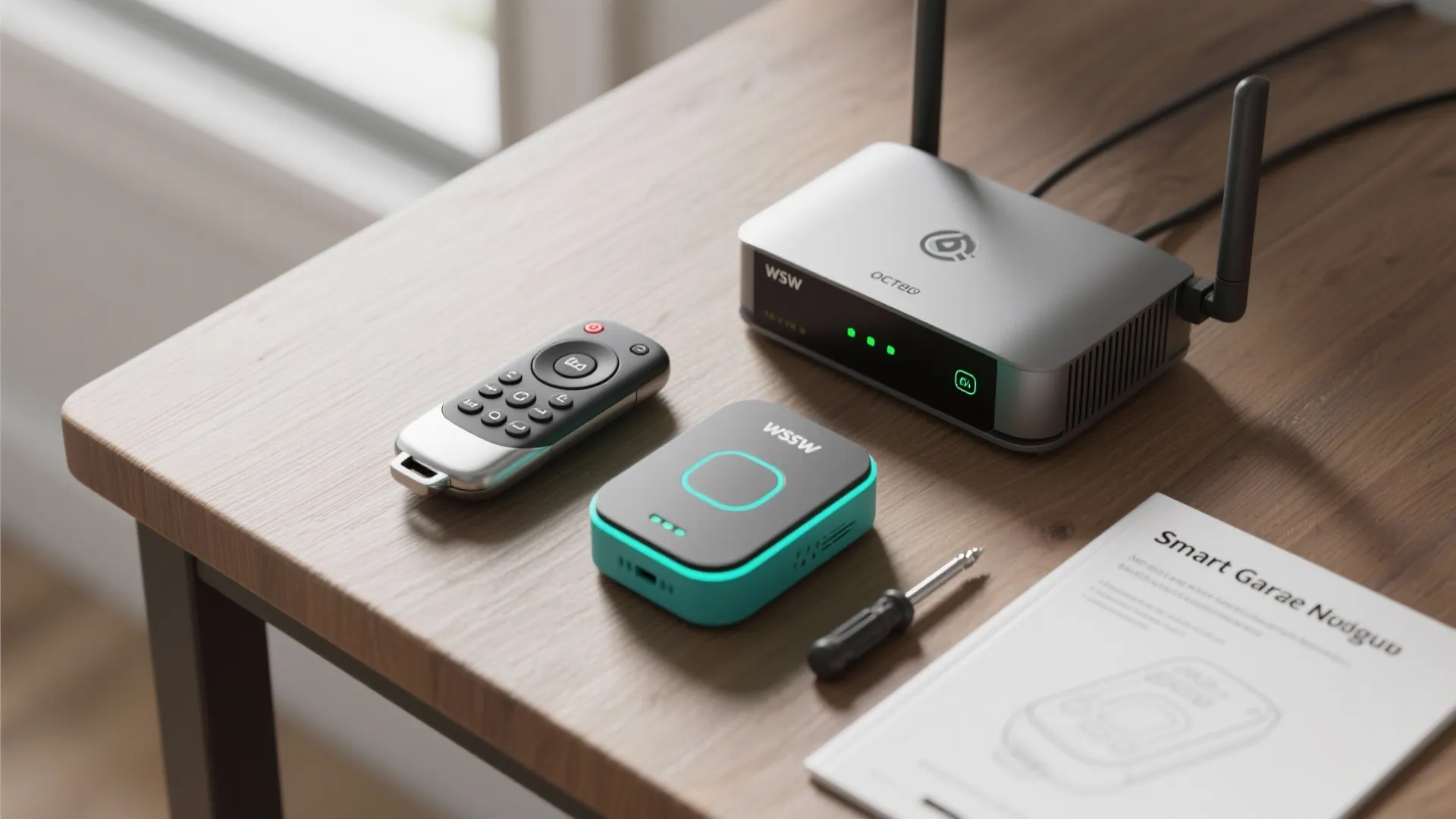 Smart home hub with remote control and small device on wooden desk near instruction manual