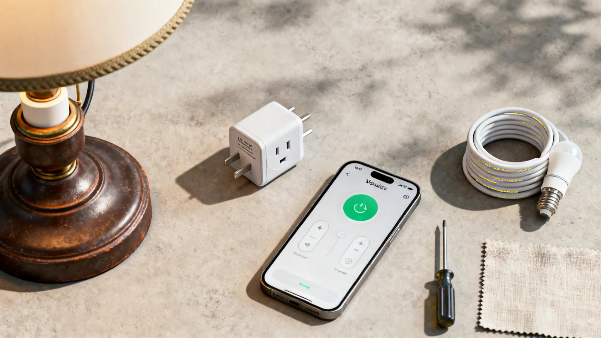 Flatlay of a vintage 3-way lamp, smart plug, smartphone app, and LED 3-way bulbs for retrofit