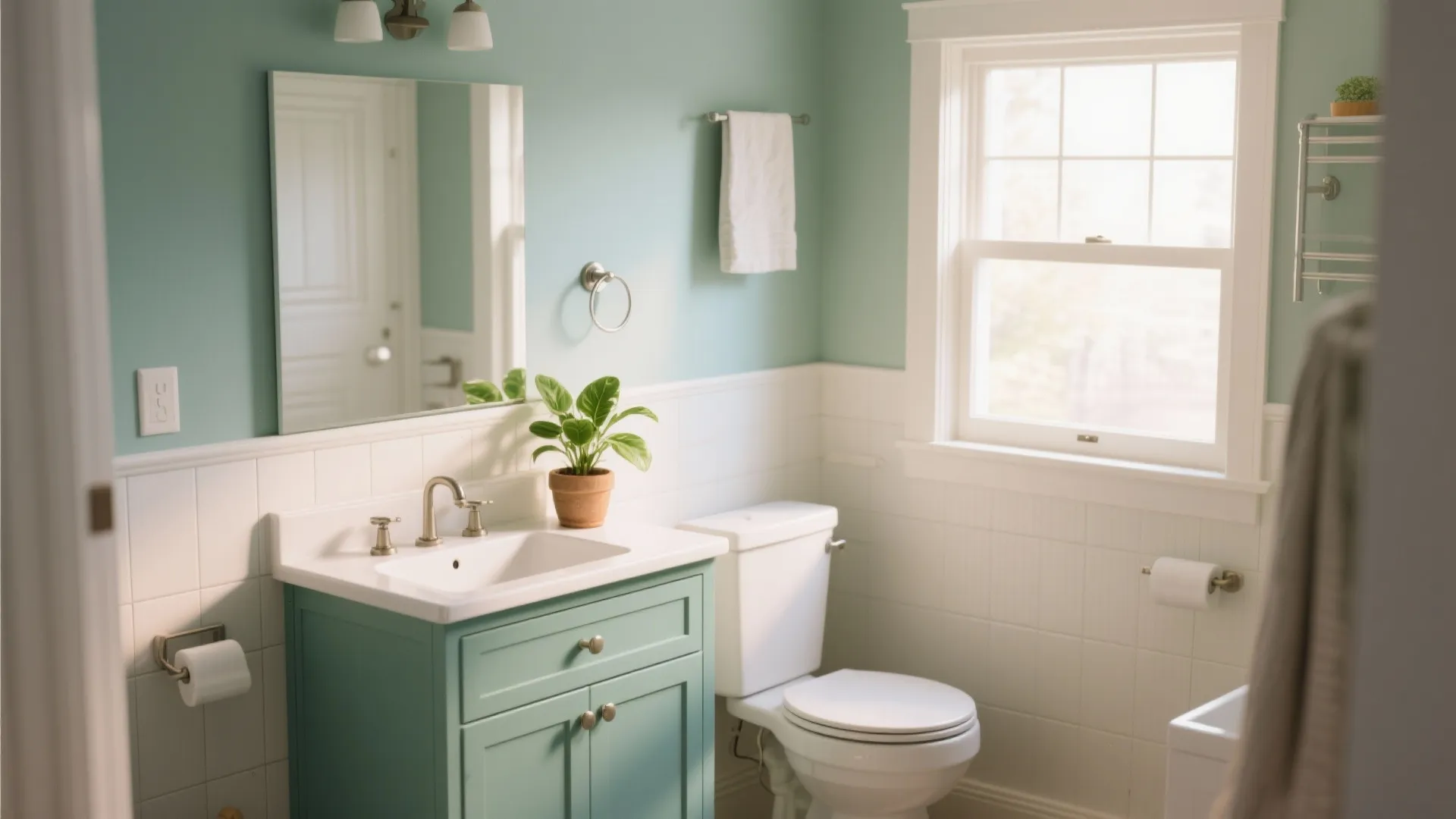 Modern bathroom with light green cabinet white tiles wall mirror toilet small plant and window