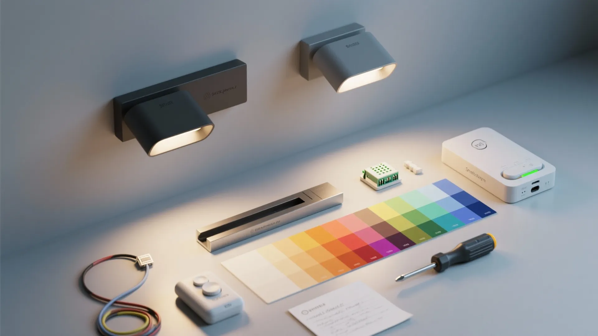 Collection of smart home lighting components including wall lights color palette screwdriver and white control box