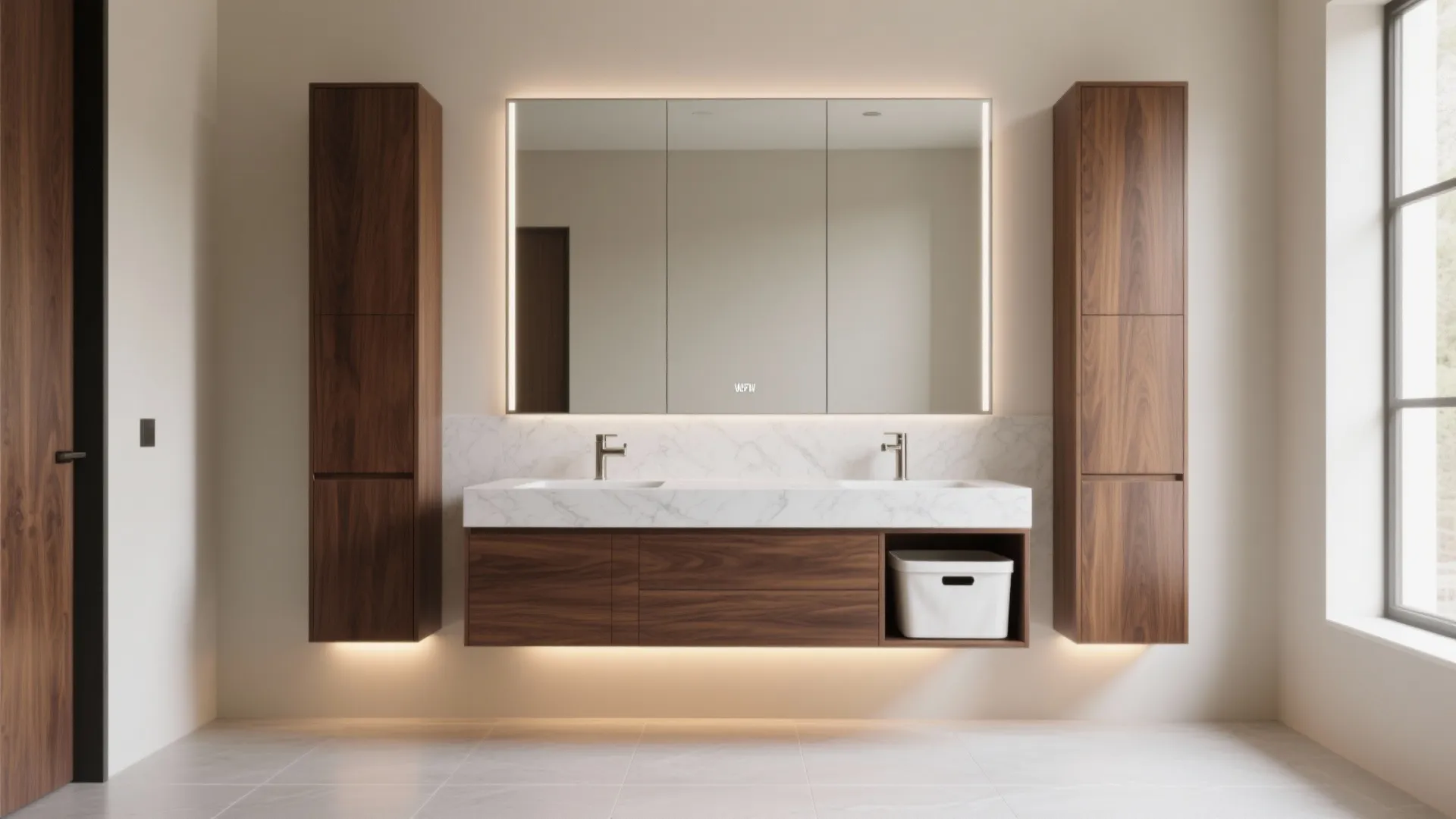 Bathroom interior with double sinks large lit mirror and two tall wood storage cabinets hanging