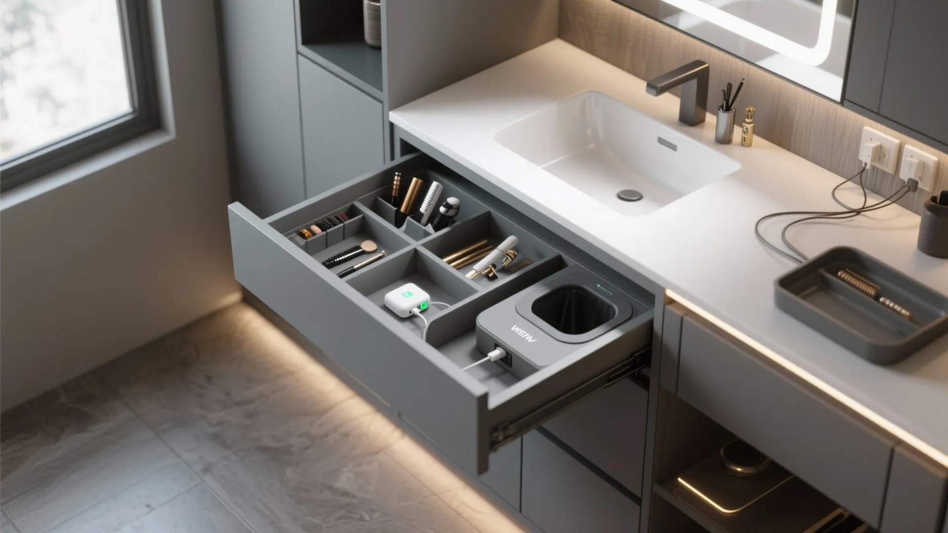 Bathroom vanity with open drawer showing organized compartments for tools chargers and small bathroom accessories