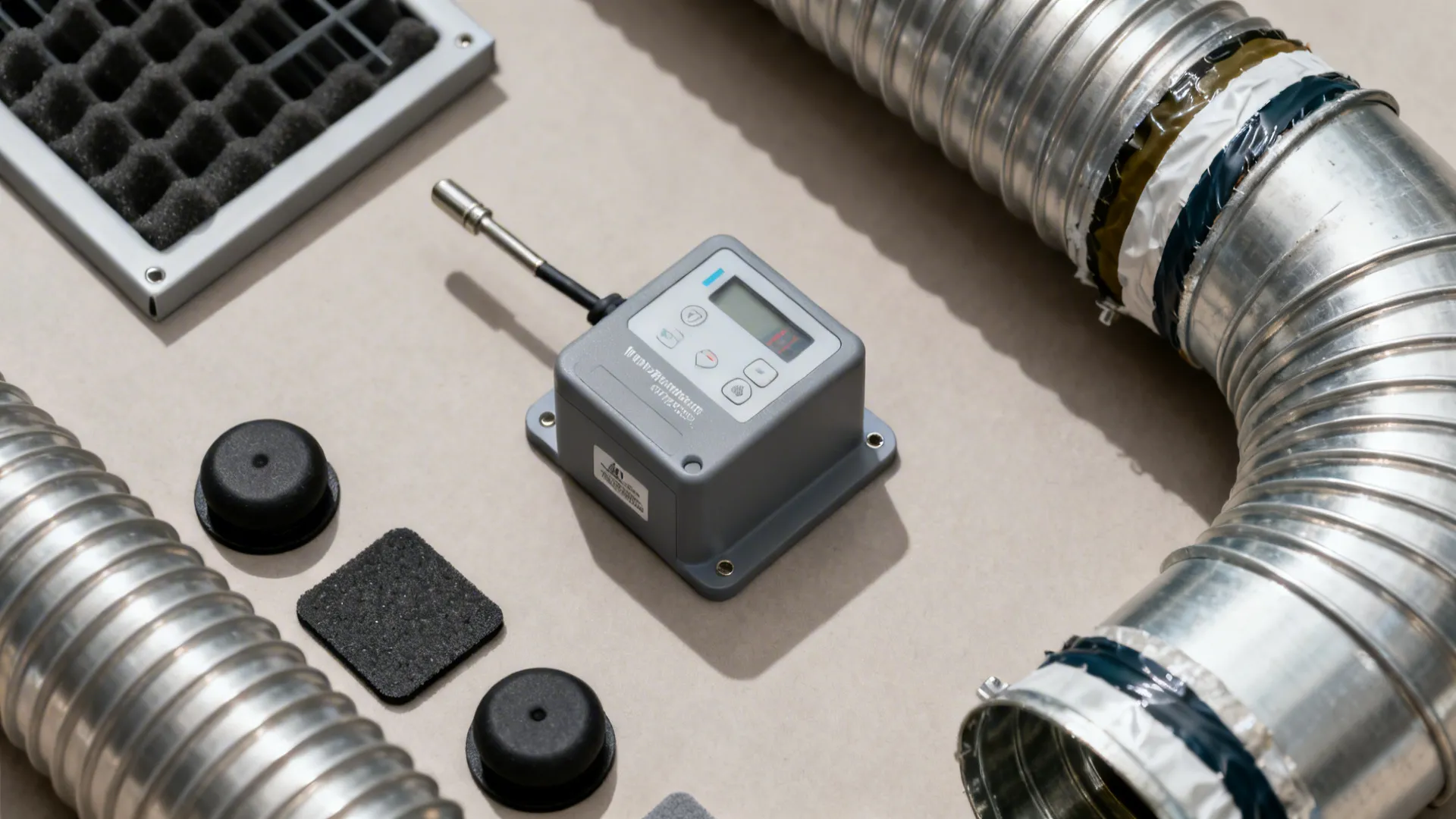 Flatlay of a temperature sensor, controller, vibration isolators, and a sealed duct elbow.