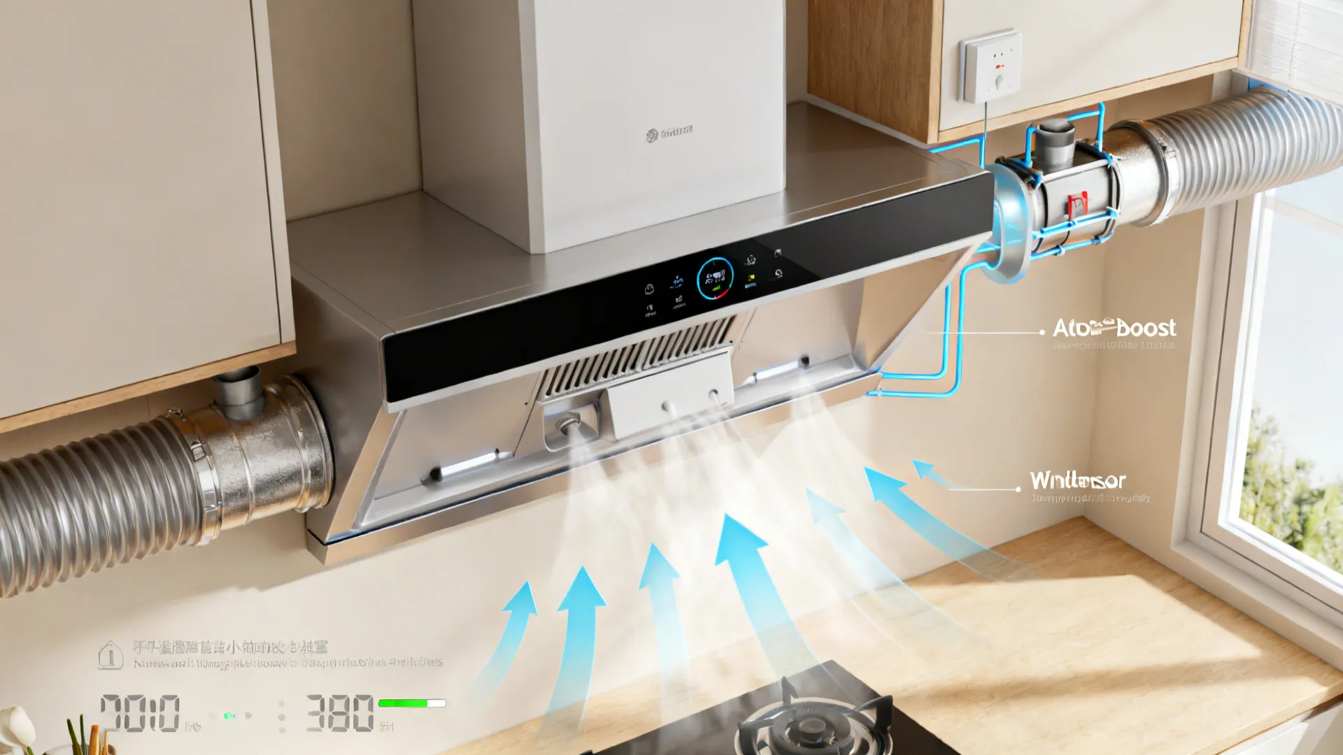Top-down visualization of a smart range hood with auto-boost and make-up air inlet planning.