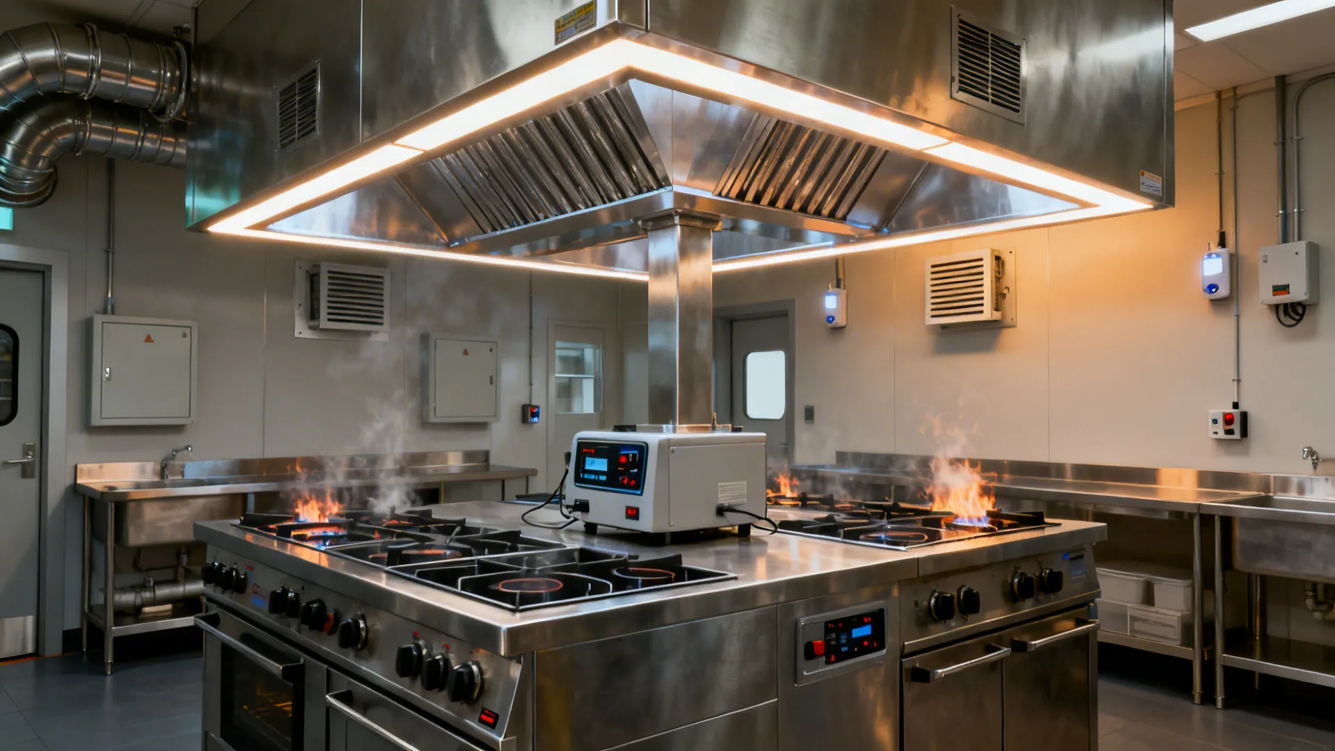 Induction-based hot line centered under a stainless hood with balanced make-up air and edge lighting.