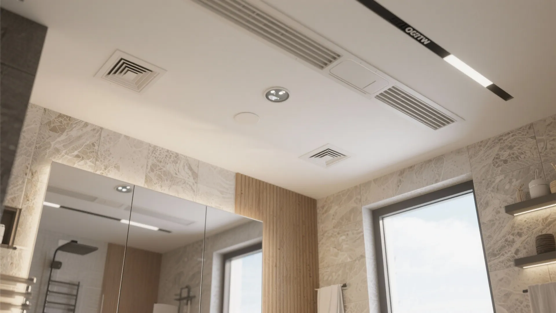 Modern bathroom ceiling with air vents light fixture and marble wall panels near a window