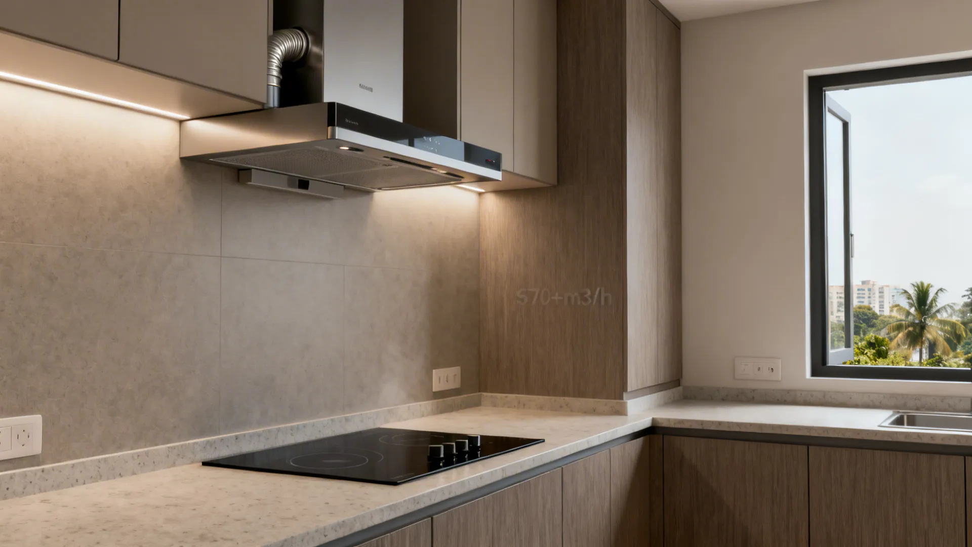 Small kitchen with a powerful range hood, matte quartz counters, and large easy-clean panels.