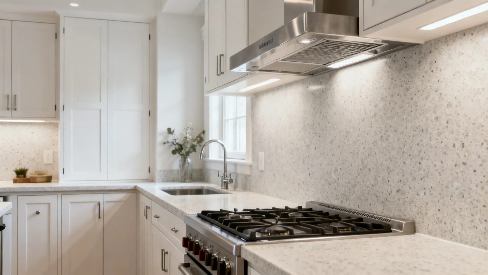 Small Charleston kitchen with a stainless vent hood, matte quartz counters, and sintered stone behind the range.