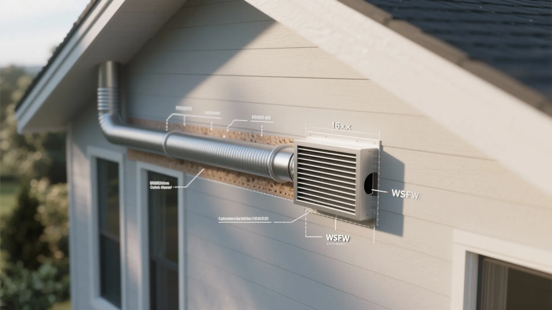 Metal air vent pipe installed on house wall with labeled technical details for interior design
