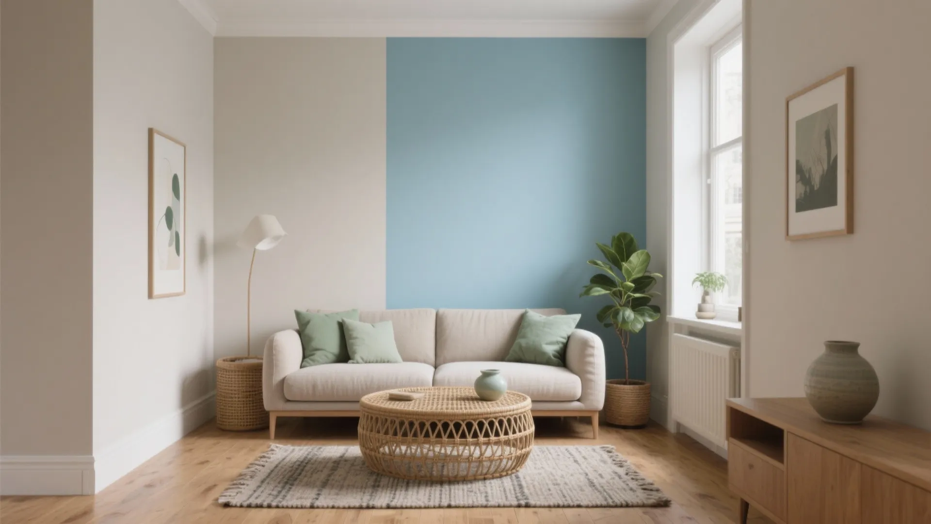 Cozy living room with blue accent wall, beige sofa, woven coffee table, and wood floor