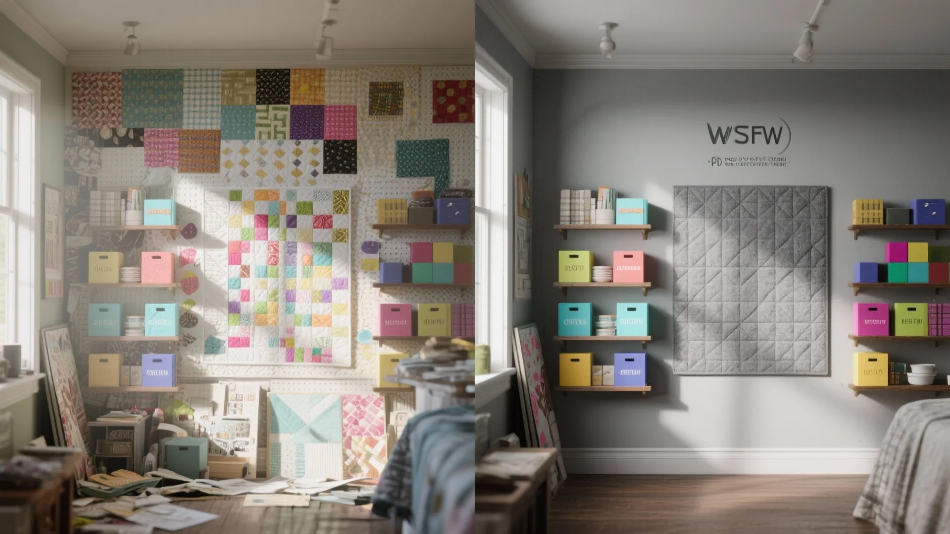Before and after comparison of a messy sewing room versus a clean organized craft space