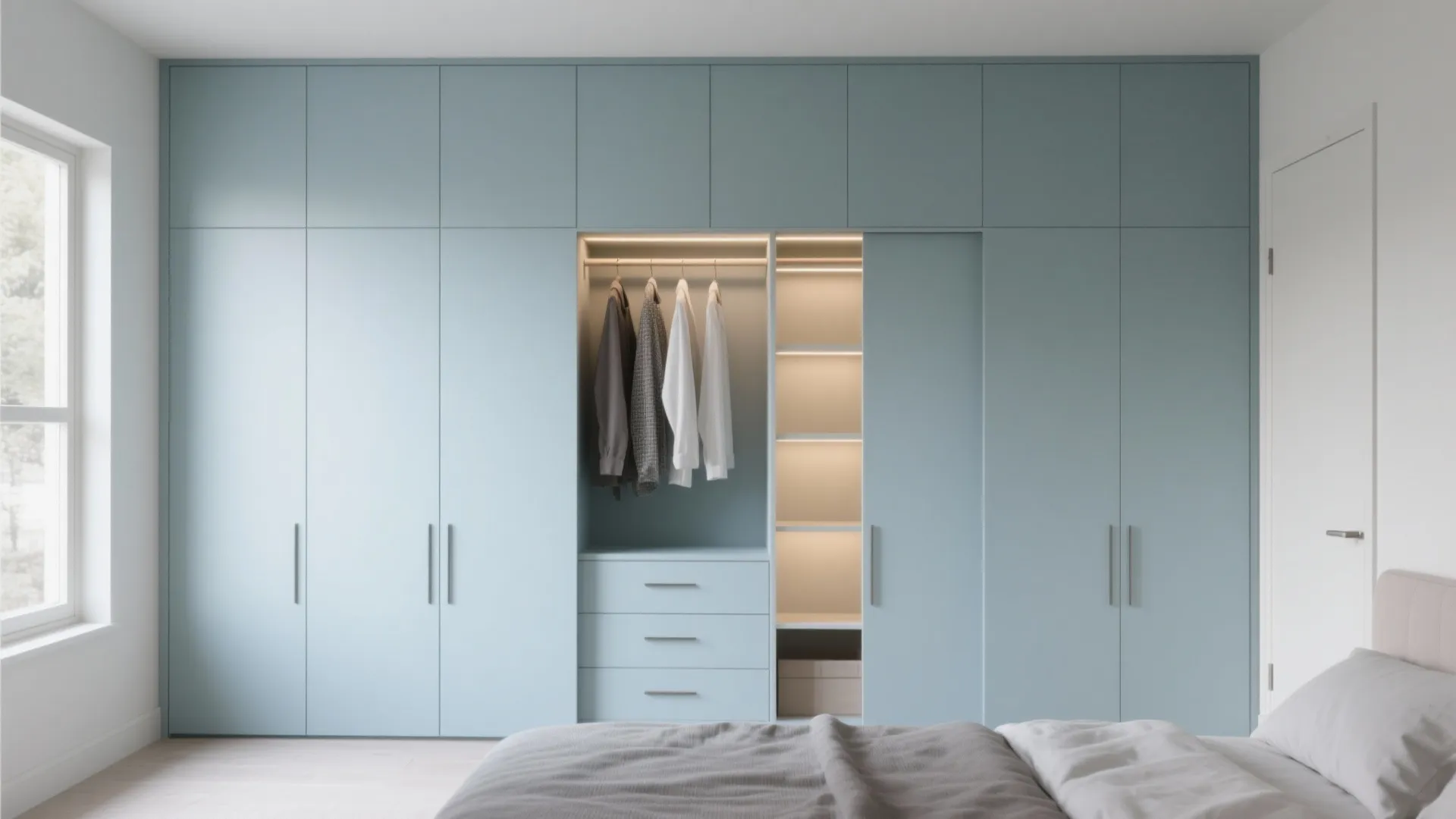 Modern blue built-in closet with open shelves showing hanging clothes and warm interior LED lighting