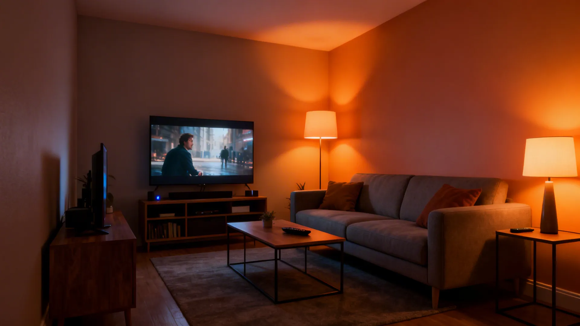 Living room with smart warm-tunable bulbs creating amber accent lighting synced to a movie.